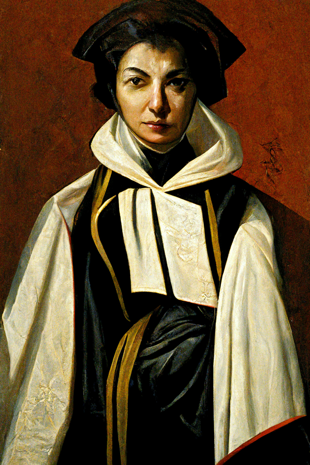 XIX century female archbishop by Caravaggio, Midjourney prompt engineering, V3 style adjustments, iterative image generation.