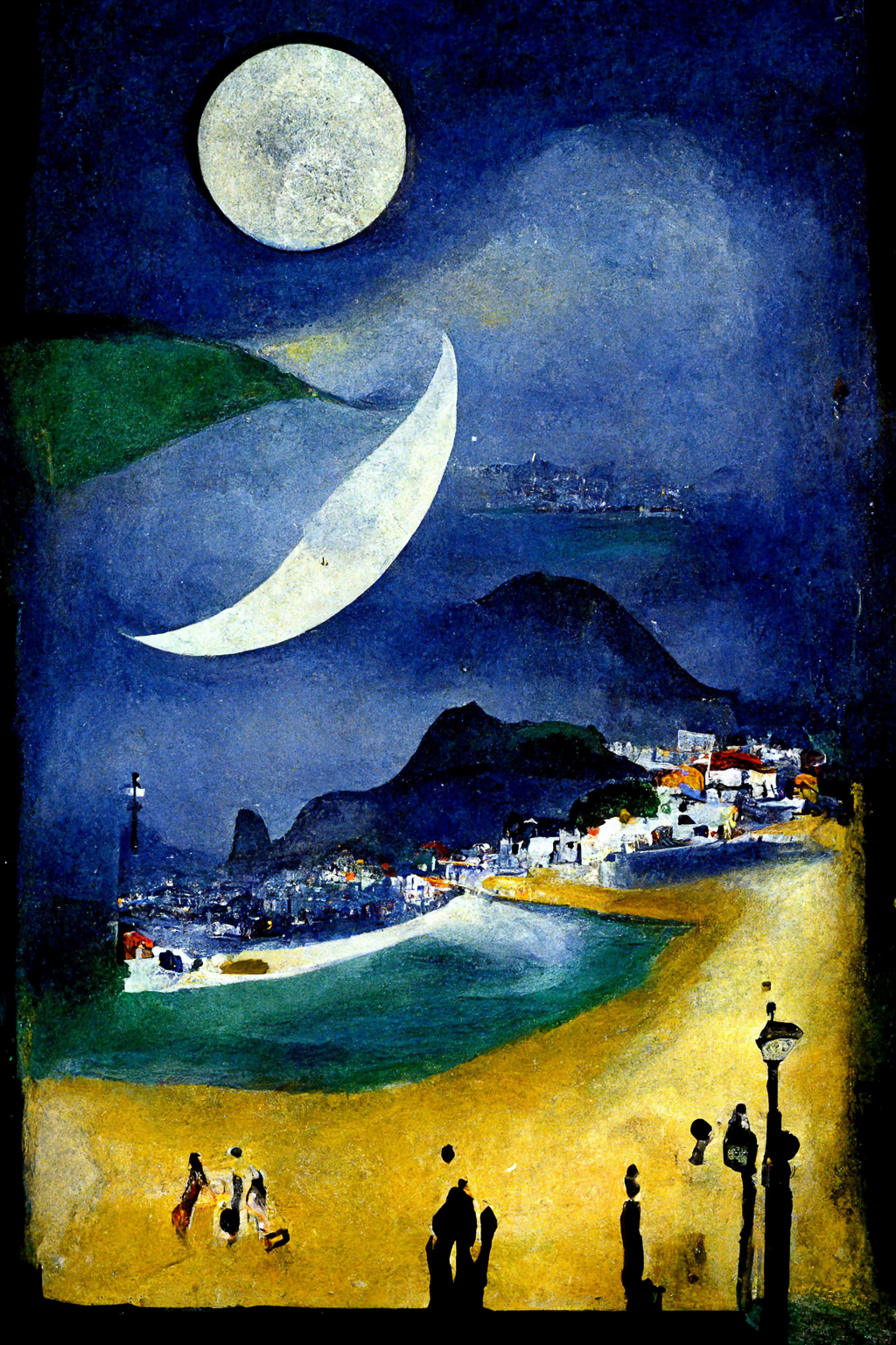 Midjourney prompt for moonlit night over Ipanema, painting by Marc Chagall, V3 features, iterative image generation, style swaps.