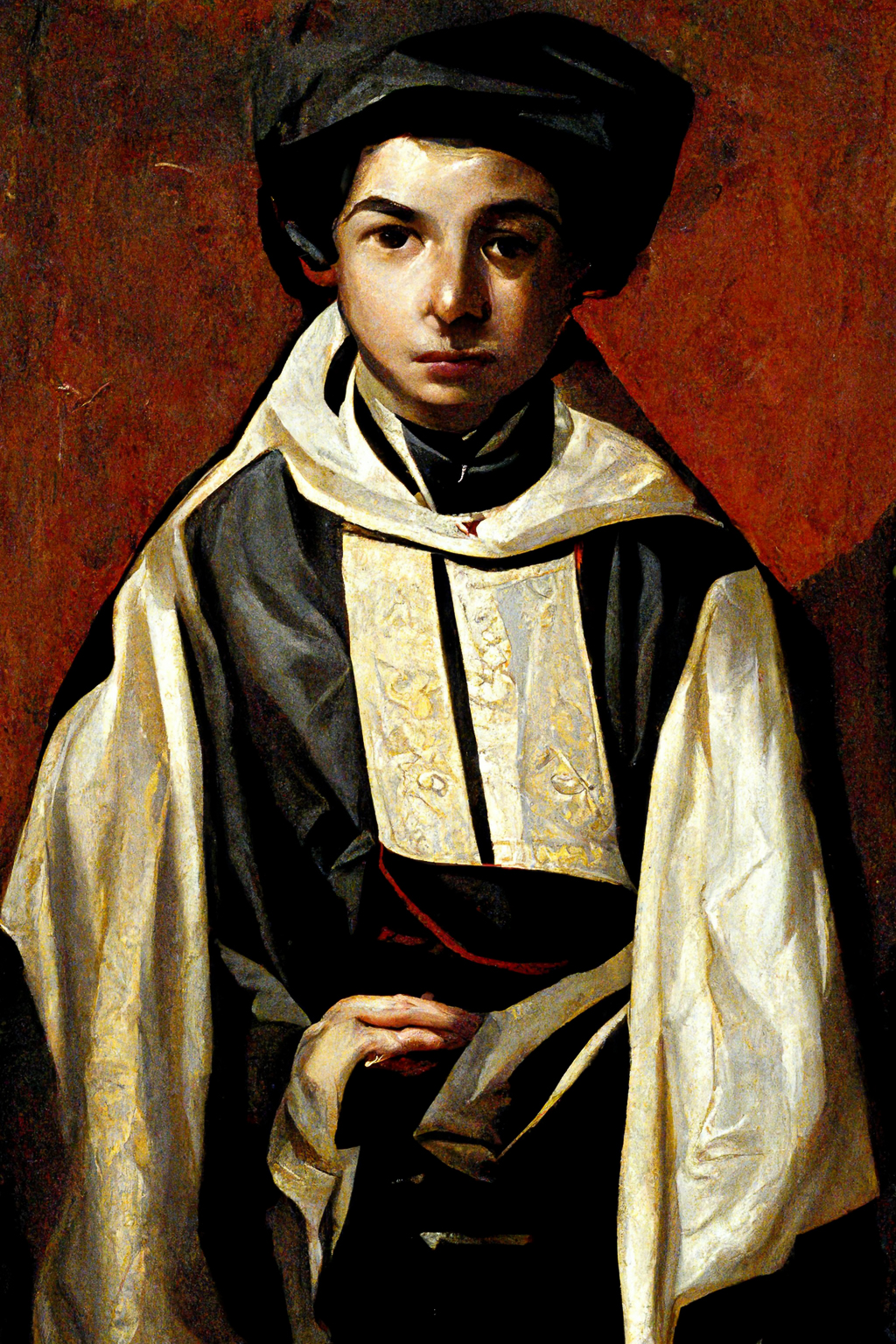 XIX century young man archbishop by Caravaggio, Midjourney prompt for art style exploration, version V3.