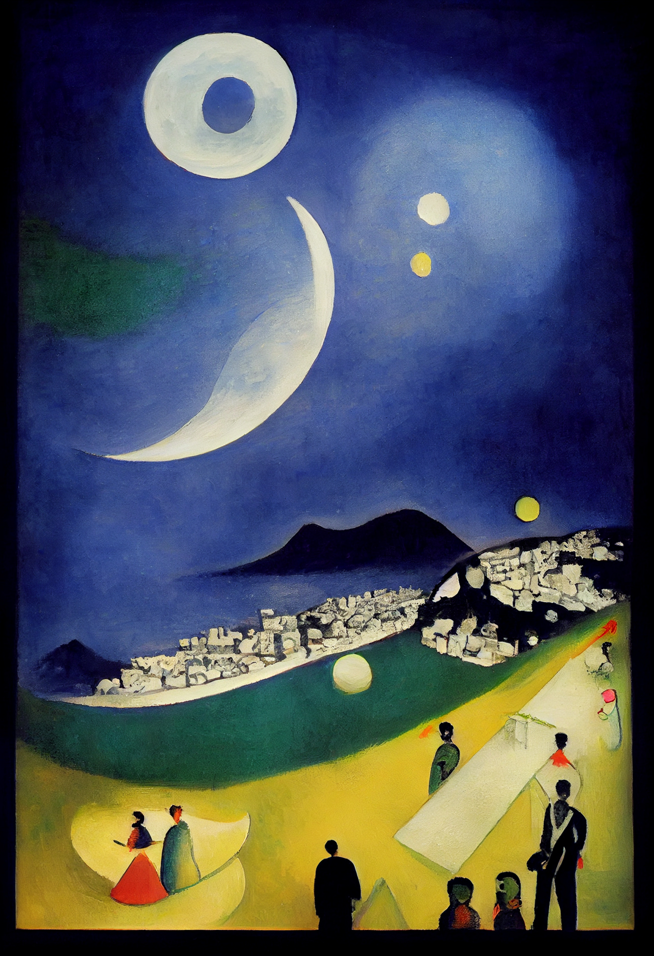 Midjourney prompt engineering for iterative image generation, featuring moonlit night over Ipanema, inspired by Marc Chagall's painting.