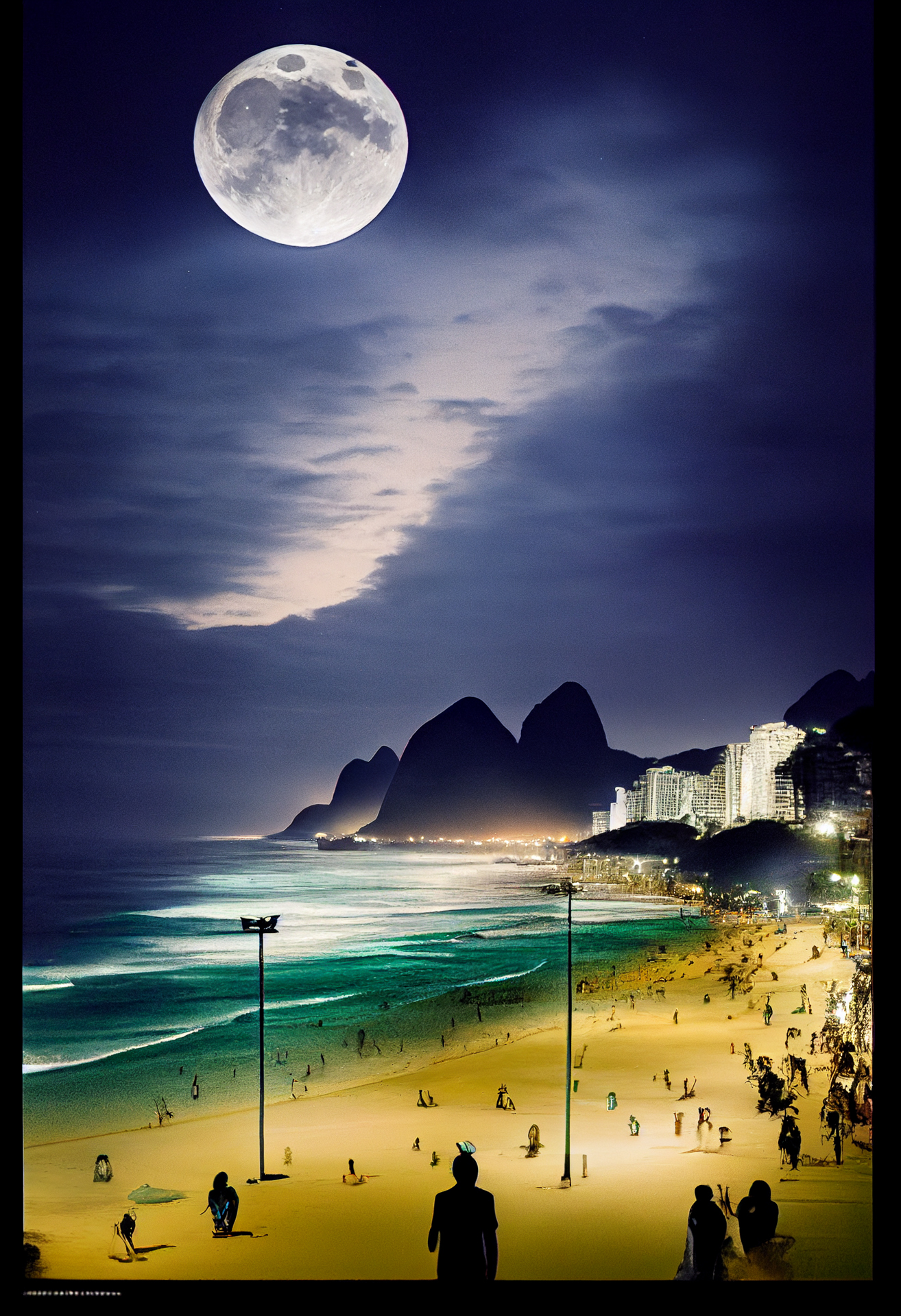 Midjourney prompt for moonlit beach scene over Ipanema, showcasing iterative image generation and style swap techniques.