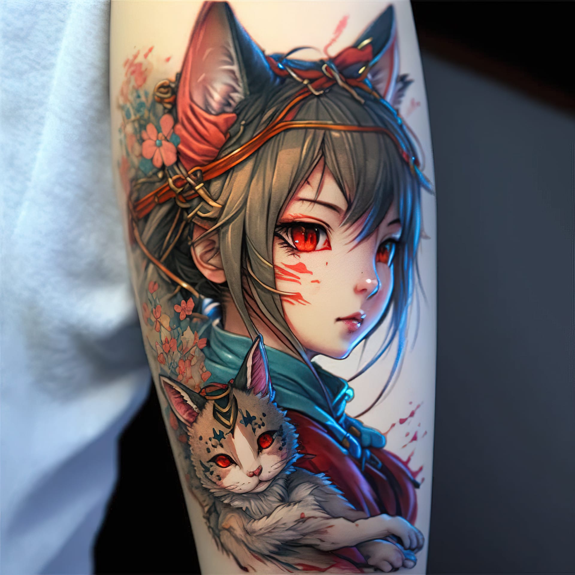 Anime tattoo design featuring character with cat, inspired by Midjourney prompt techniques and artistic influences.