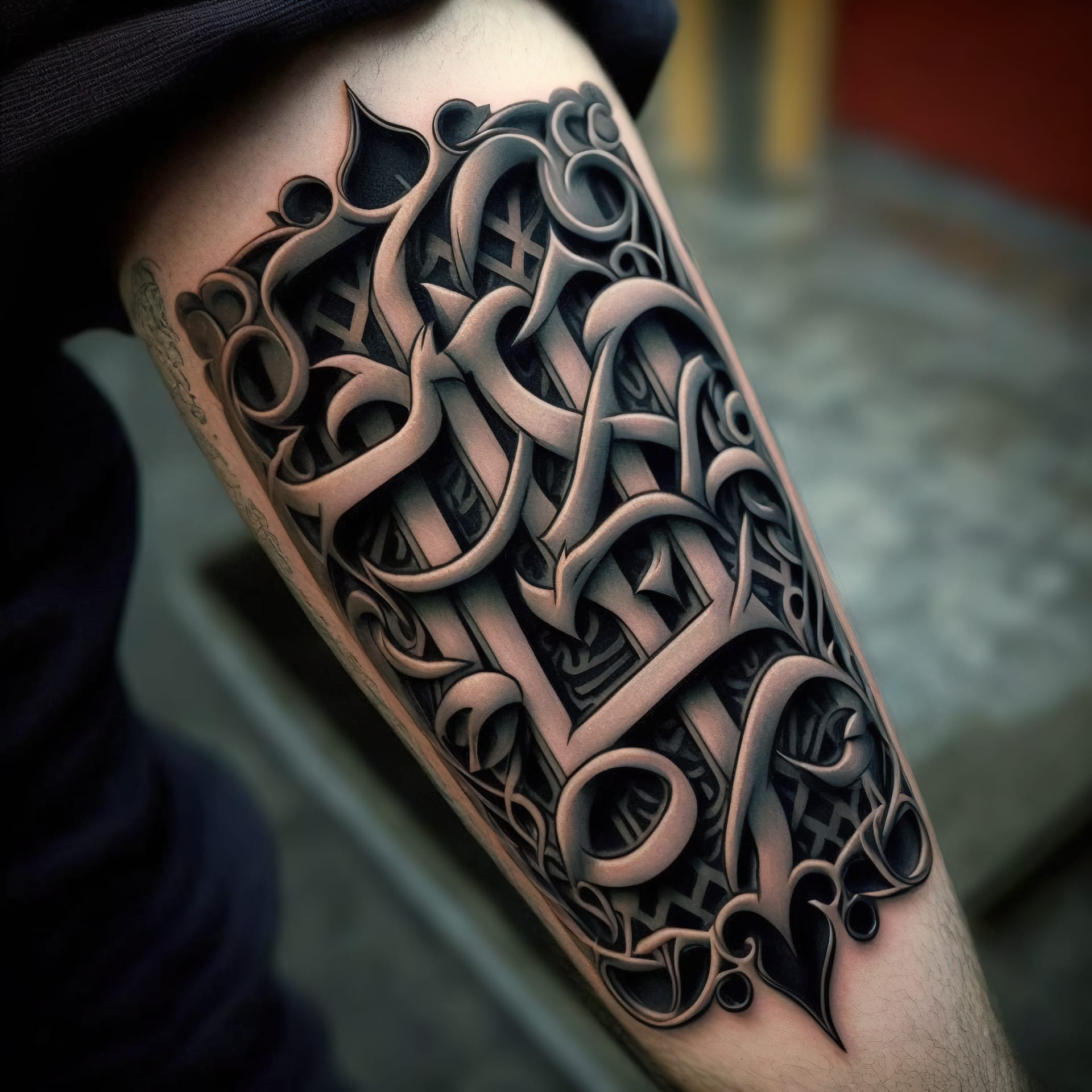 Ambigram tattoo design showcasing Midjourney prompt engineering techniques and artistic influences.