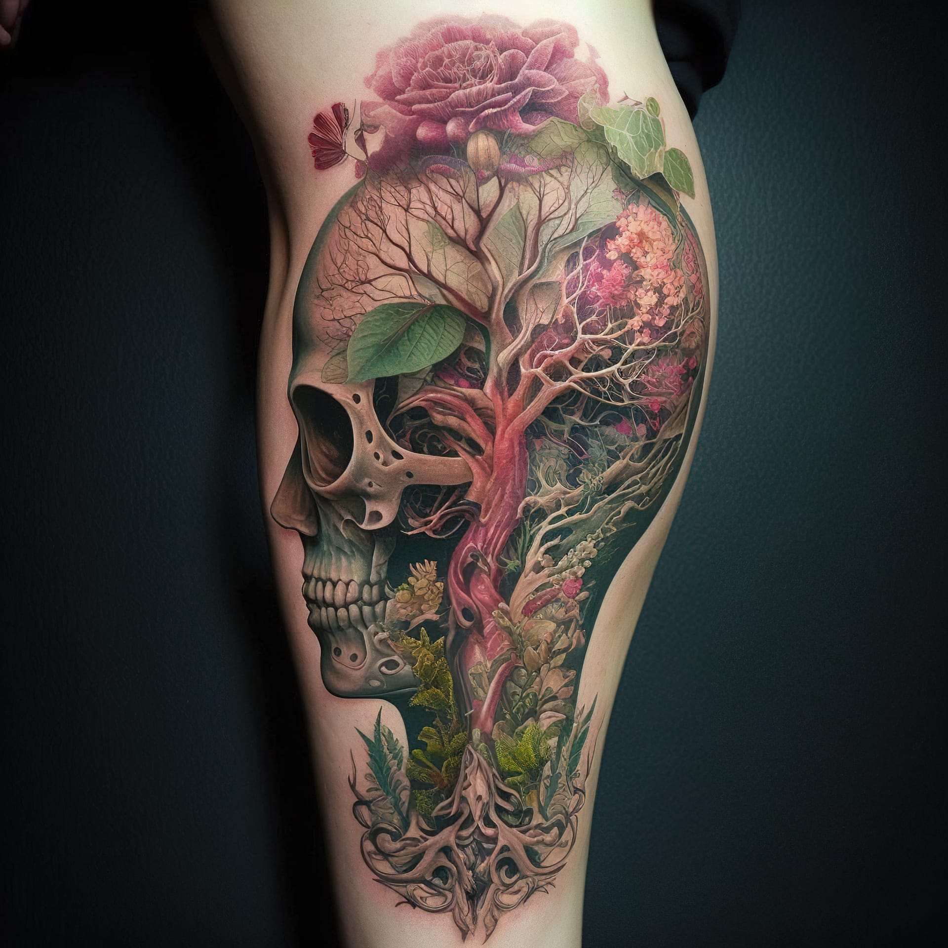 Anatomical tattoo design featuring skull, tree, flowers, and roots, showcasing Midjourney prompt engineering techniques.