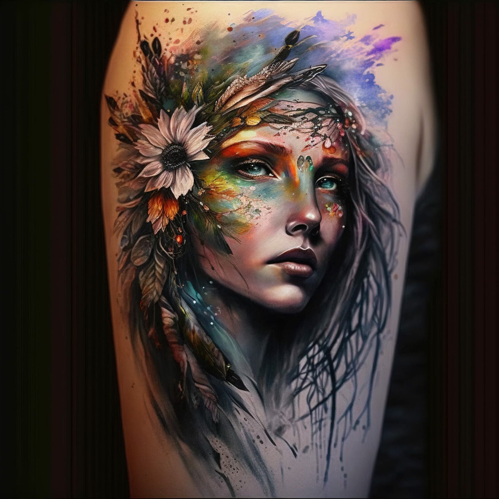 Tattoo design featuring colorful floral elements and a woman's face, showcasing Midjourney prompt engineering techniques and artistic influences.
