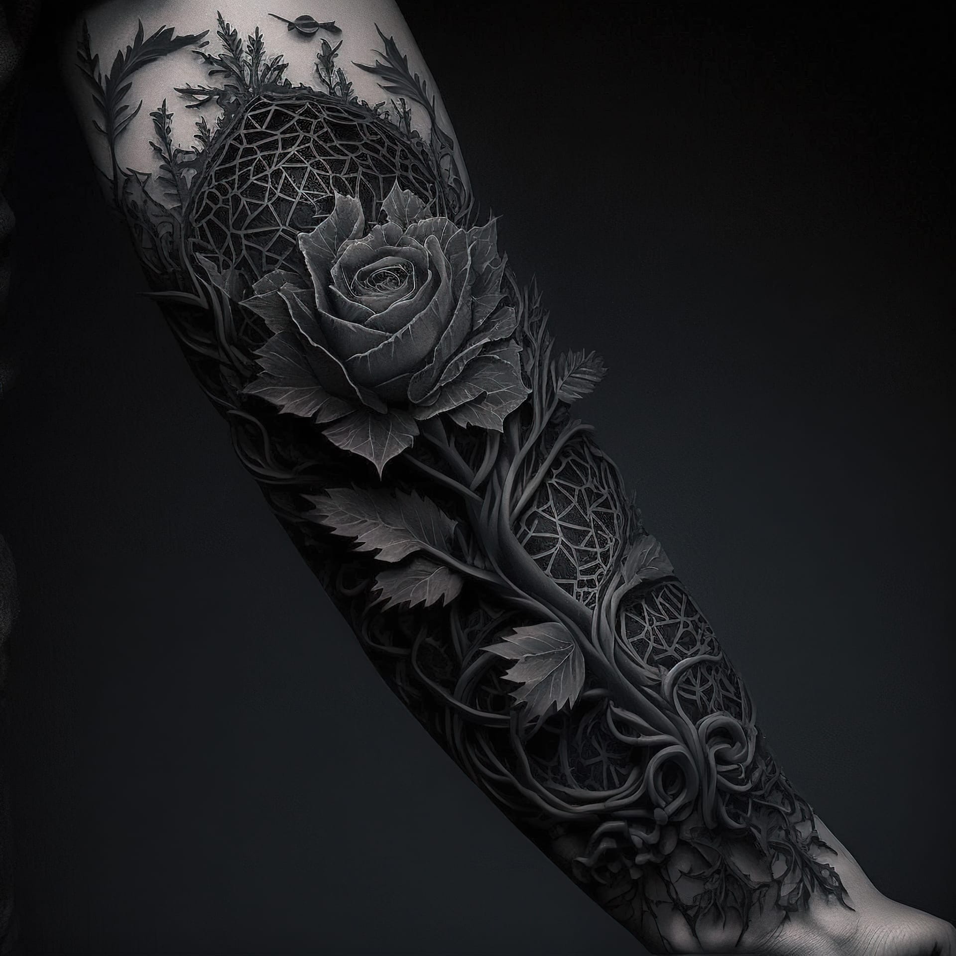 Blackwork tattoo design featuring rose and intricate foliage, showcasing Midjourney prompt engineering techniques.