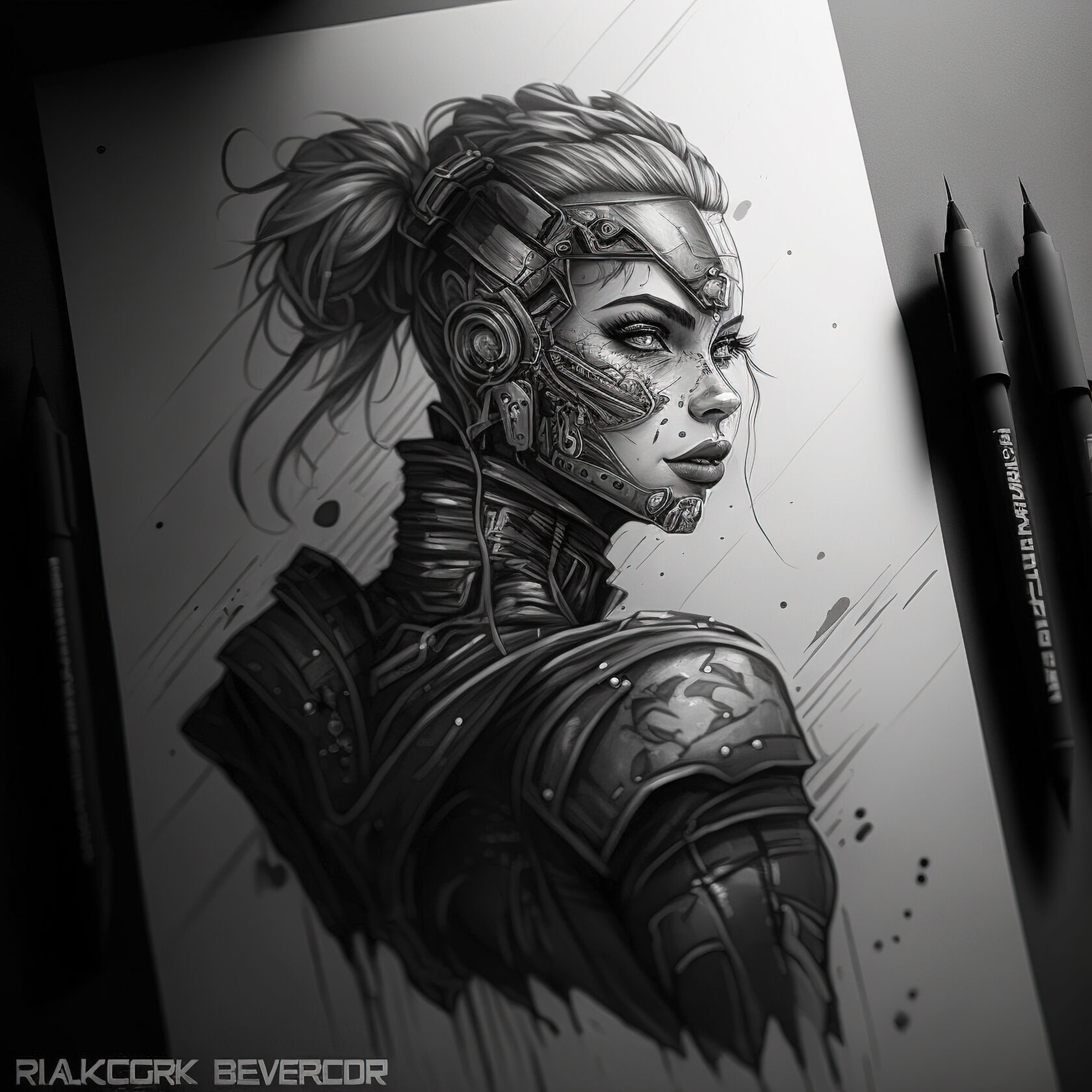 Blackwork tattoo design of cyberpunk character, Midjourney prompt engineering, version 4 techniques, artistic influences.