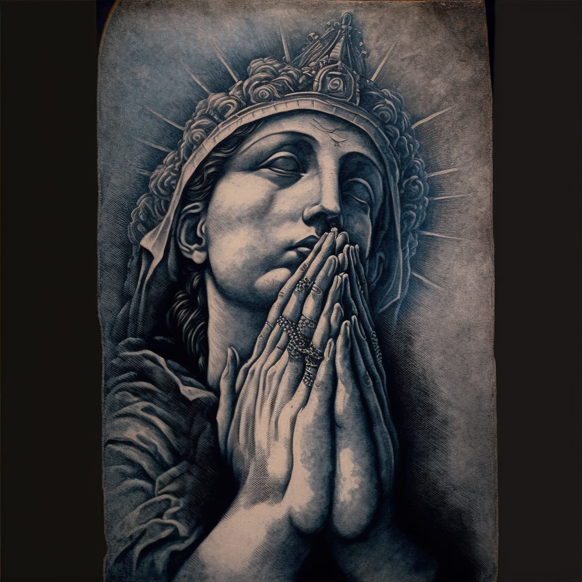 Dotwork tattoo design featuring praying figure, Midjourney prompt techniques, version 4 capabilities, artistic influences, tattoo styles.