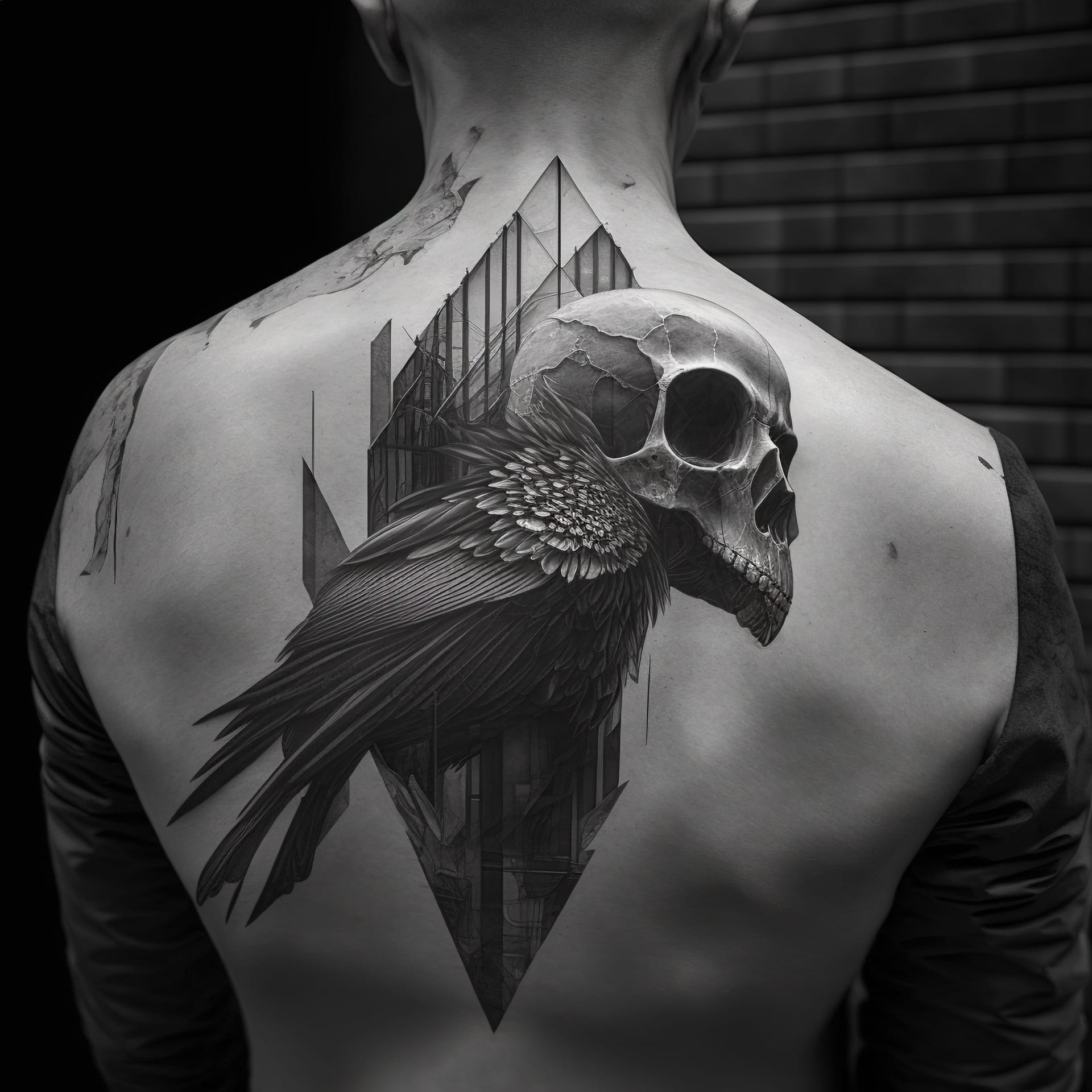 brutalist architecture bird skull blackwork tattoo on back, Midjourney prompt engineering, version 4 techniques, artistic influences