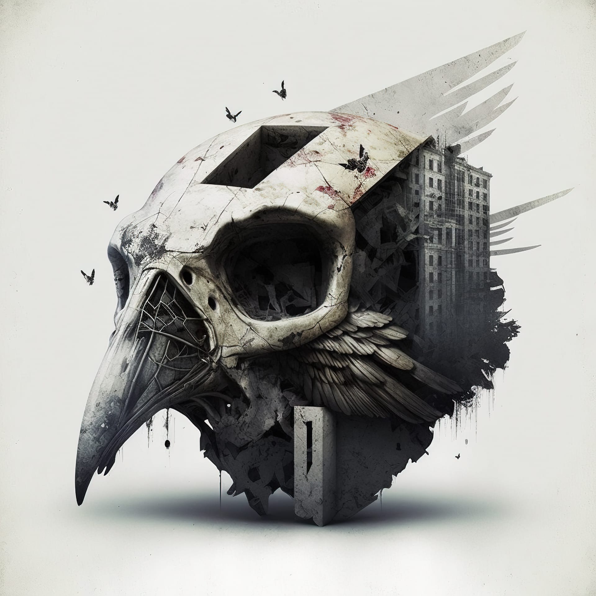 Brutalist architecture bird skull tattoo design, Trash Polka style, Midjourney prompt engineering, version 4 techniques.