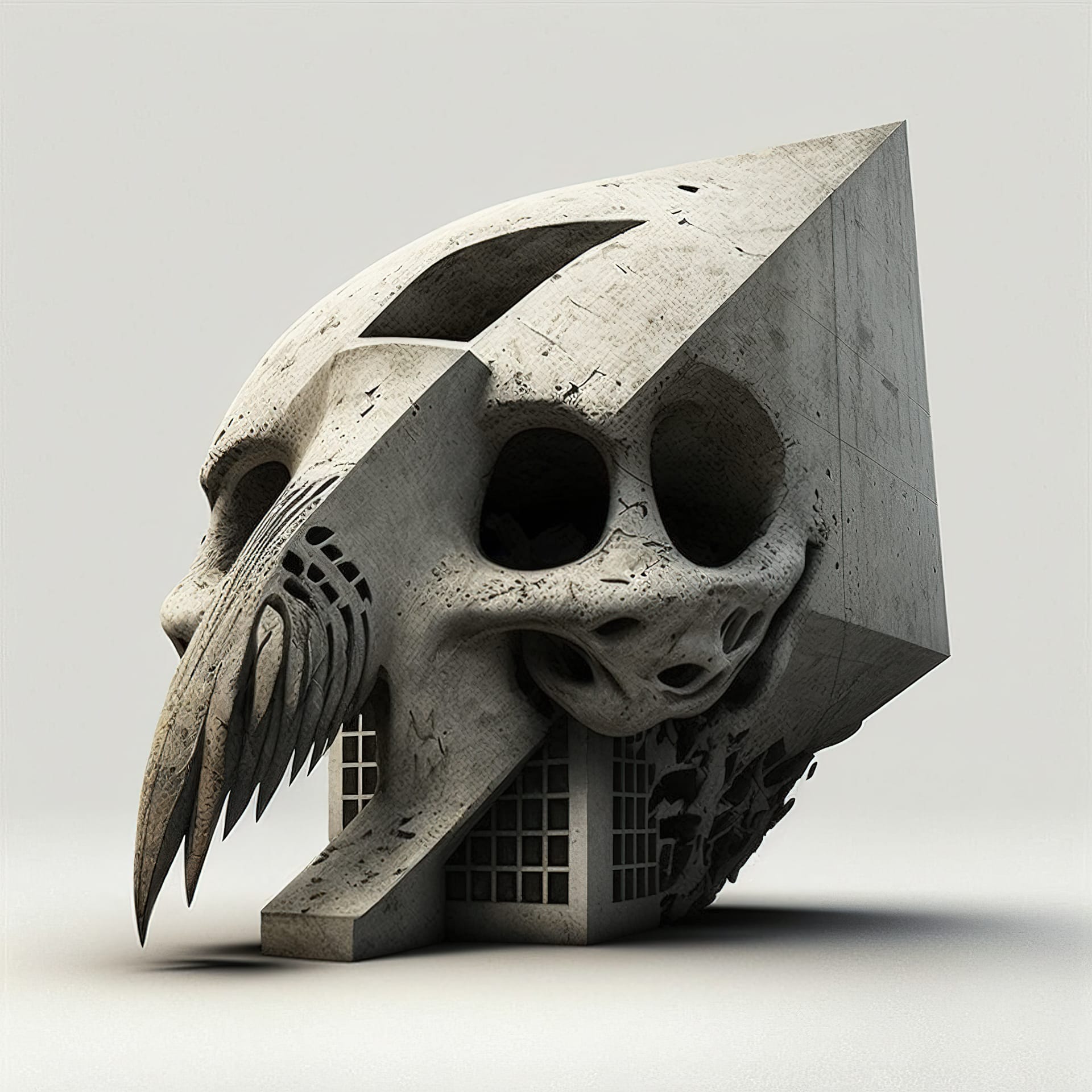 brutalist architecture bird skull design using Midjourney prompt techniques, version 4 capabilities, artistic influences