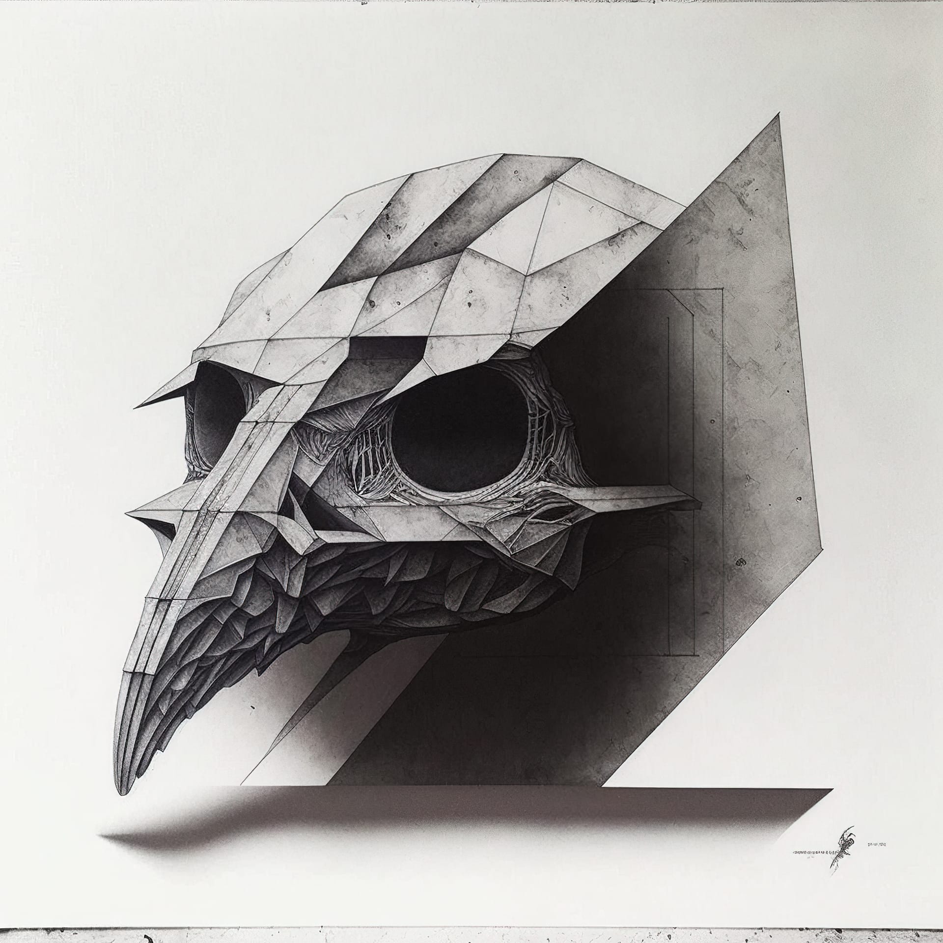 Brutalist architecture bird skull blackwork tattoo design using Midjourney prompt techniques, version 4 capabilities.