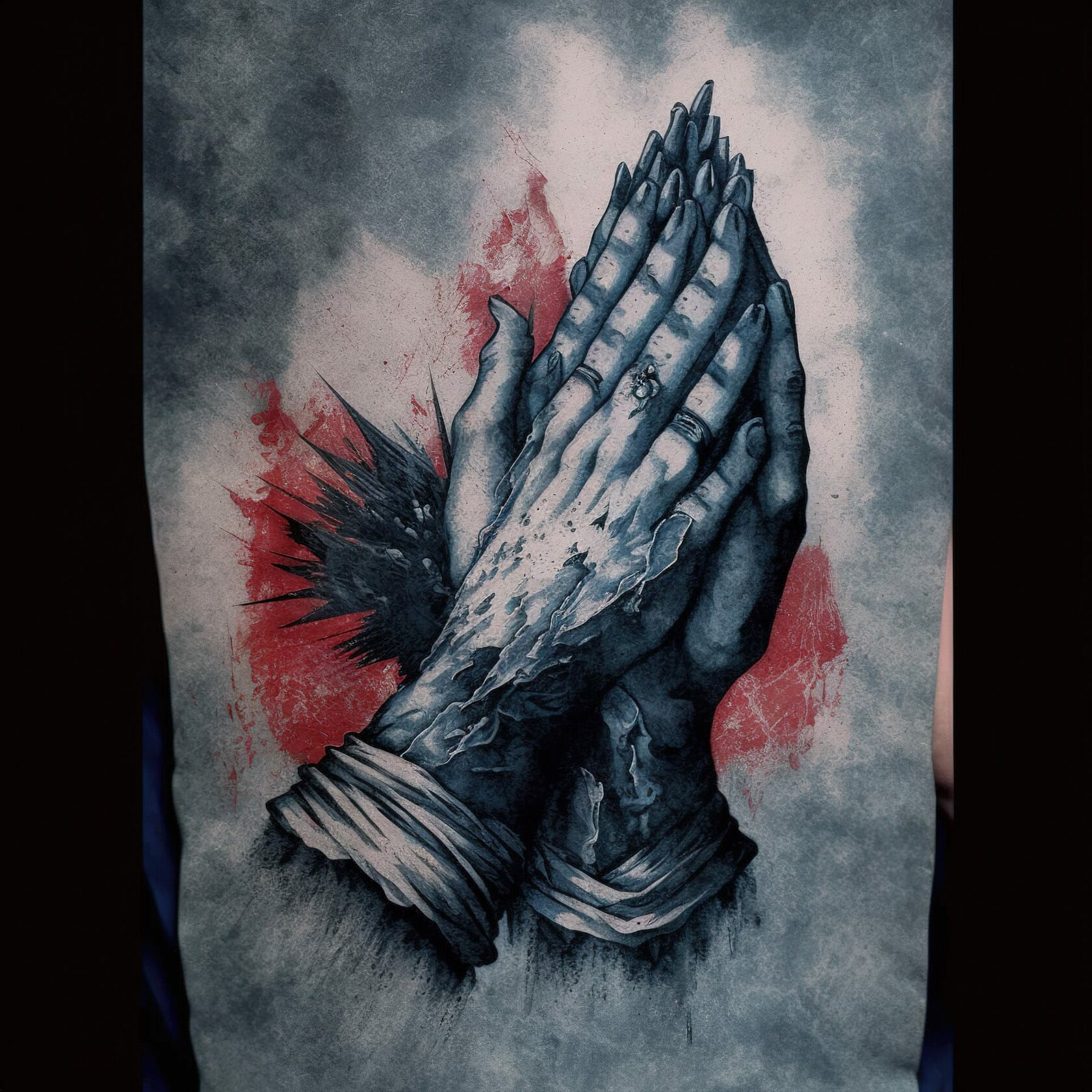 Trash Polka tattoo design using Midjourney prompt techniques, showcasing hands with artistic influences and version 4 capabilities.