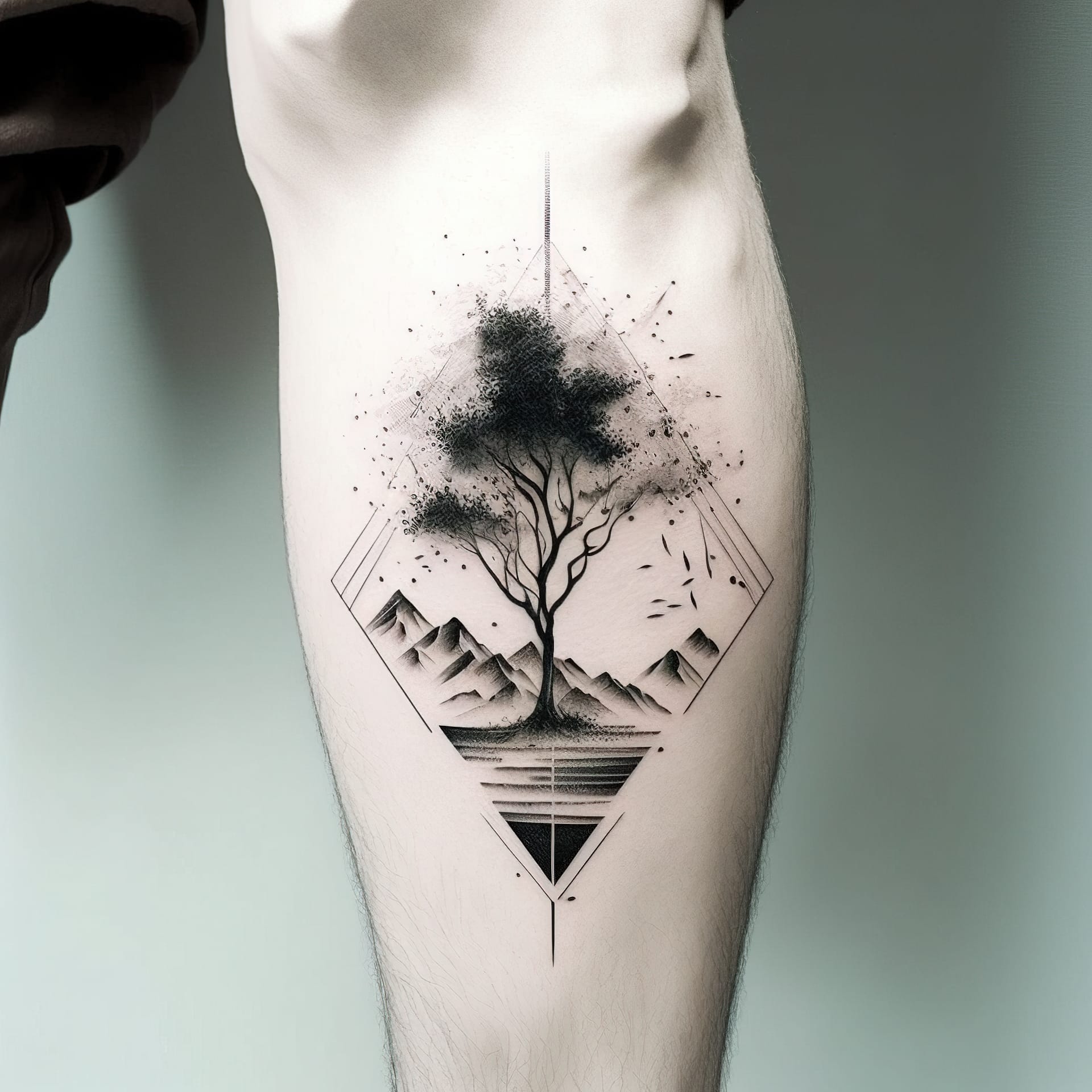 Minimalism tattoo design featuring tree and mountains, showcasing Midjourney prompt engineering techniques for artistic influences.