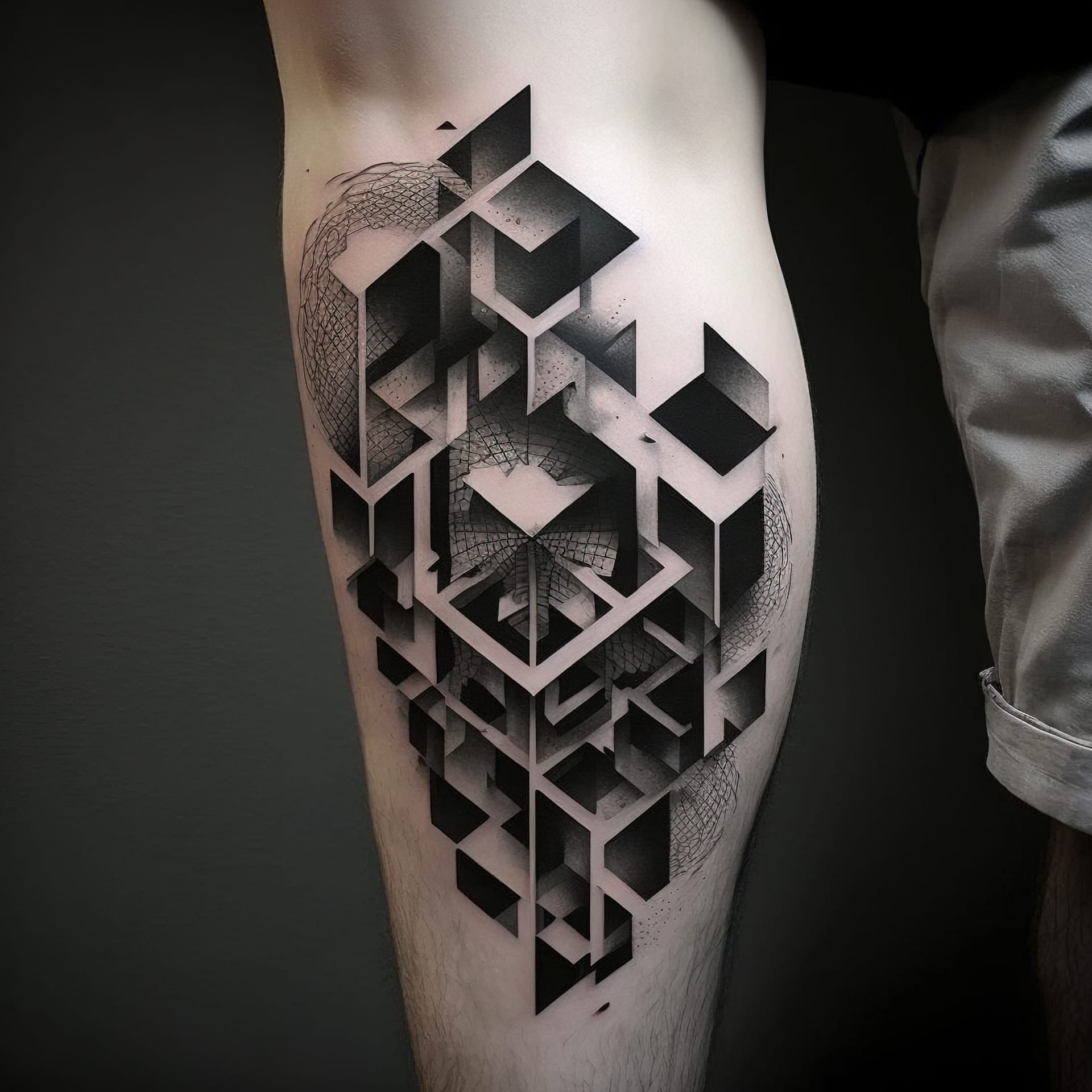 Geometric tattoo design showcasing Midjourney prompt engineering techniques, inspired by artistic influences and version 4 capabilities.