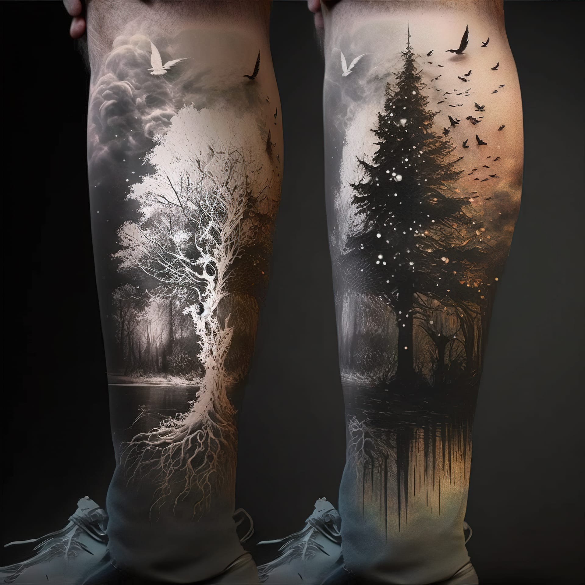 Tattoo design featuring white ink tree and dark forest, showcasing Midjourney prompt engineering techniques and artistic influences.