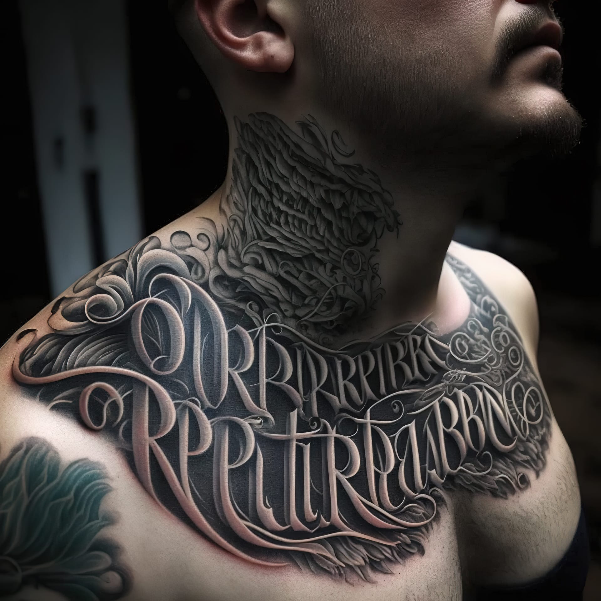 Tattoo design featuring intricate lettering, showcasing Midjourney prompt techniques and artistic influences in tattoo styles.