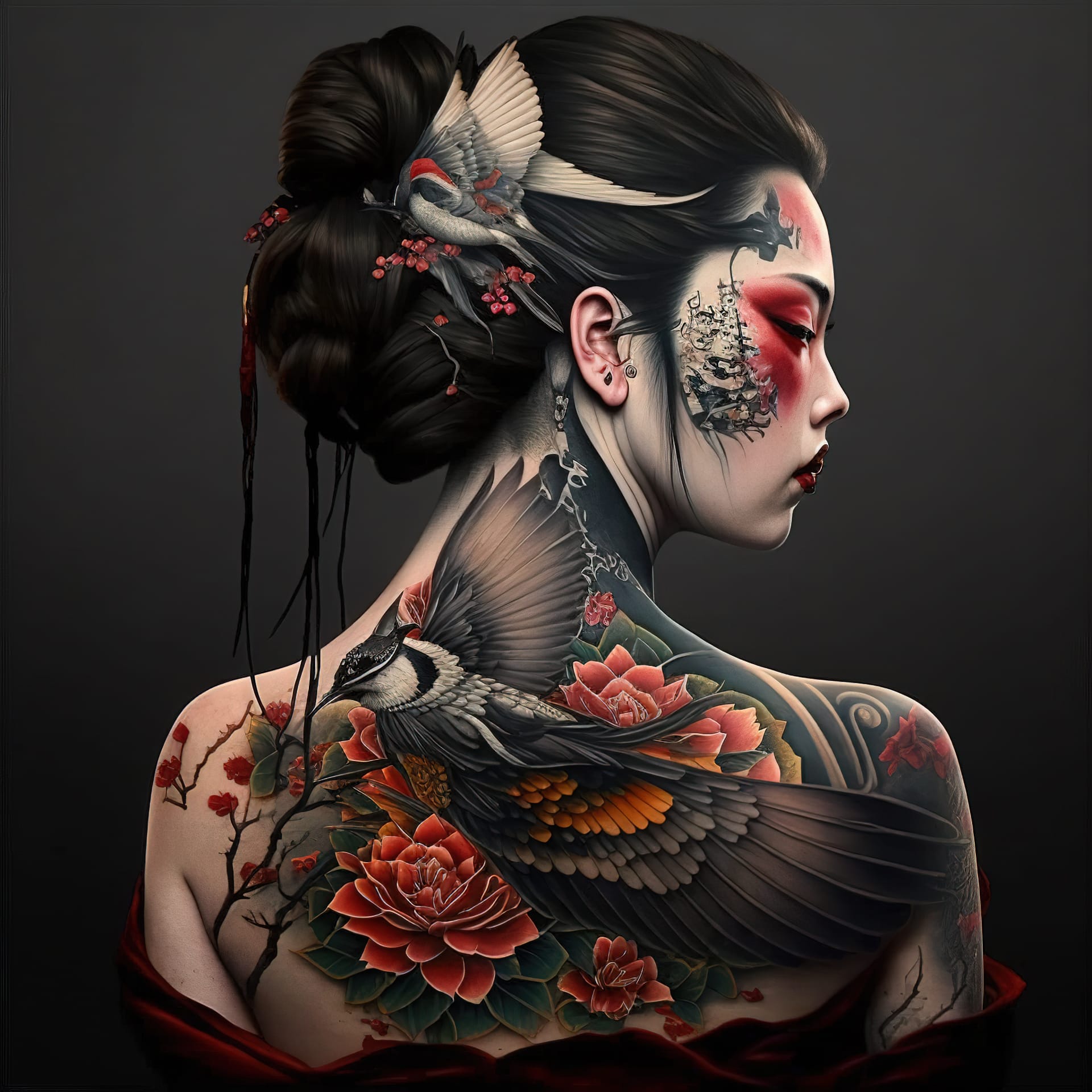 Japanese tattoo design featuring birds and flowers, showcasing Midjourney prompt engineering techniques and artistic influences.