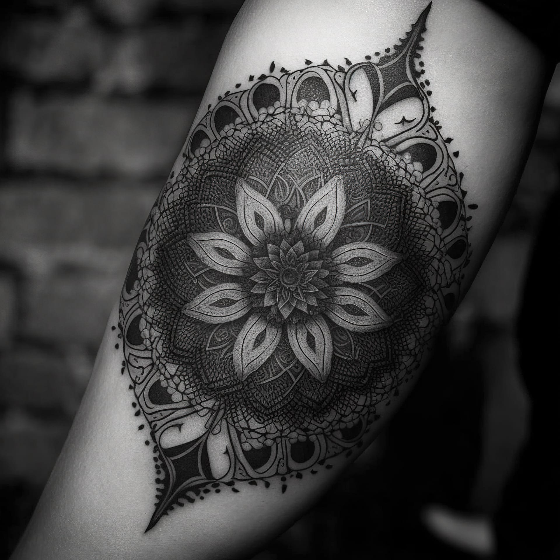 Dotwork tattoo design showcasing intricate mandala patterns, utilizing Midjourney prompt engineering techniques for unique artistic influences.