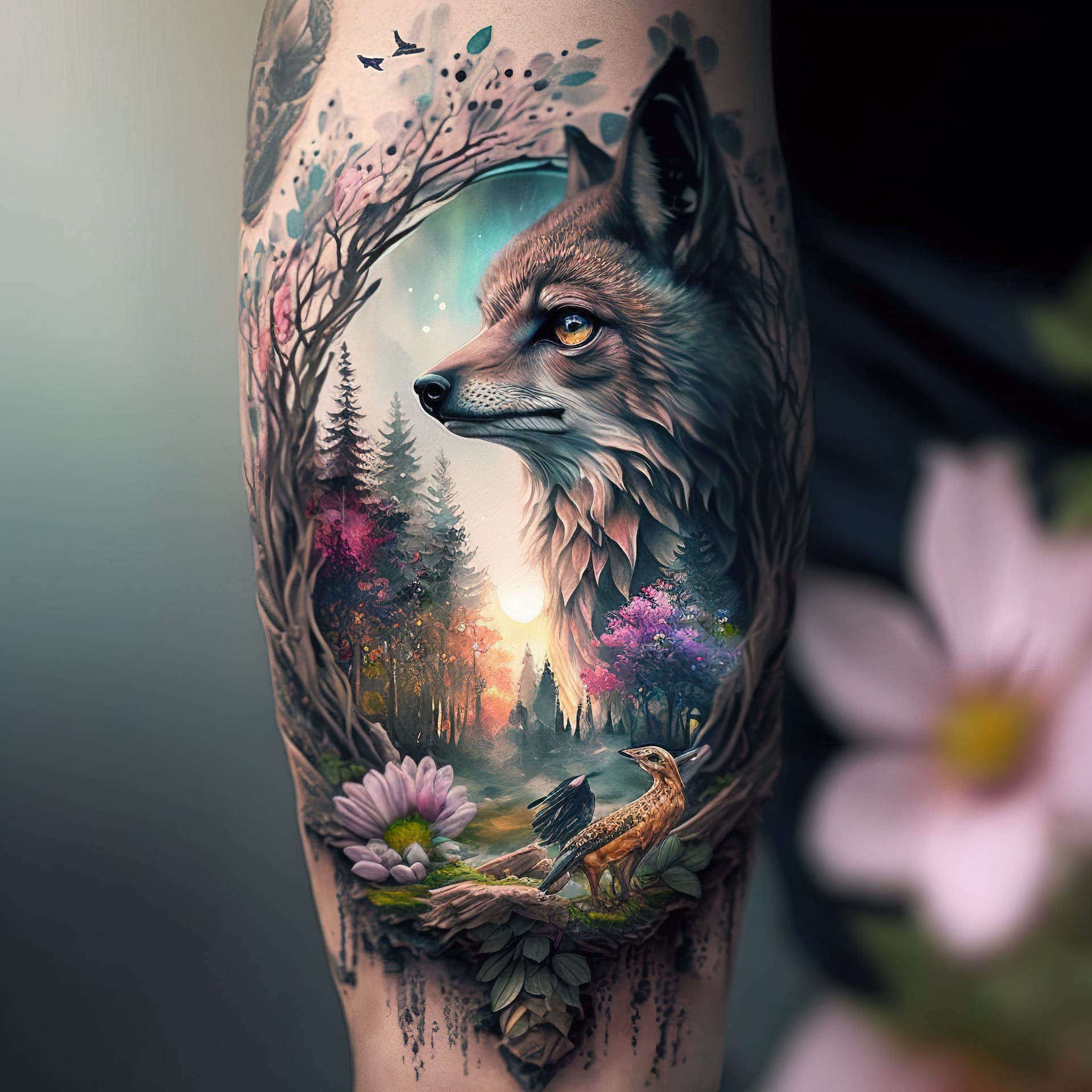 Tattoo design featuring fox, nature scene, floral elements, Midjourney prompt engineering, artistic influences, version 4 techniques.