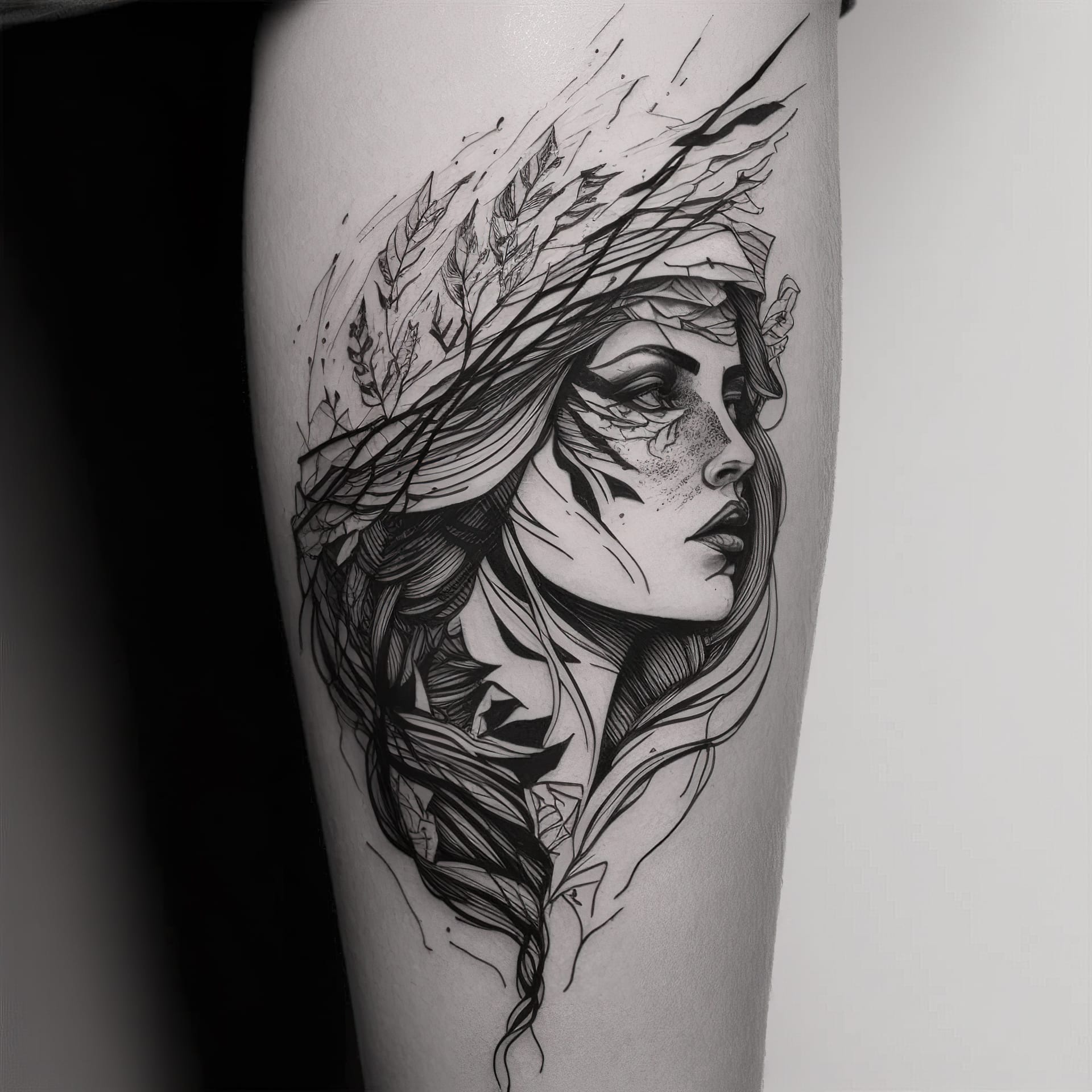 Tattoo design featuring intricate line art of a woman, inspired by Midjourney prompt techniques and artistic influences.