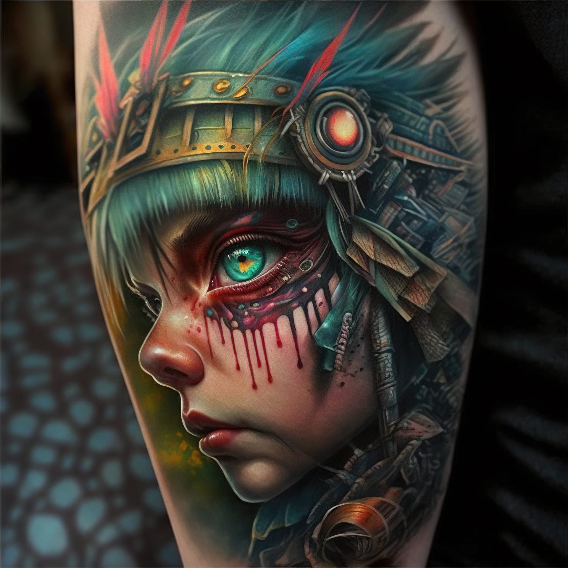 Tattoo design featuring New School style, Midjourney prompt techniques, artistic influences, and detailed character elements.