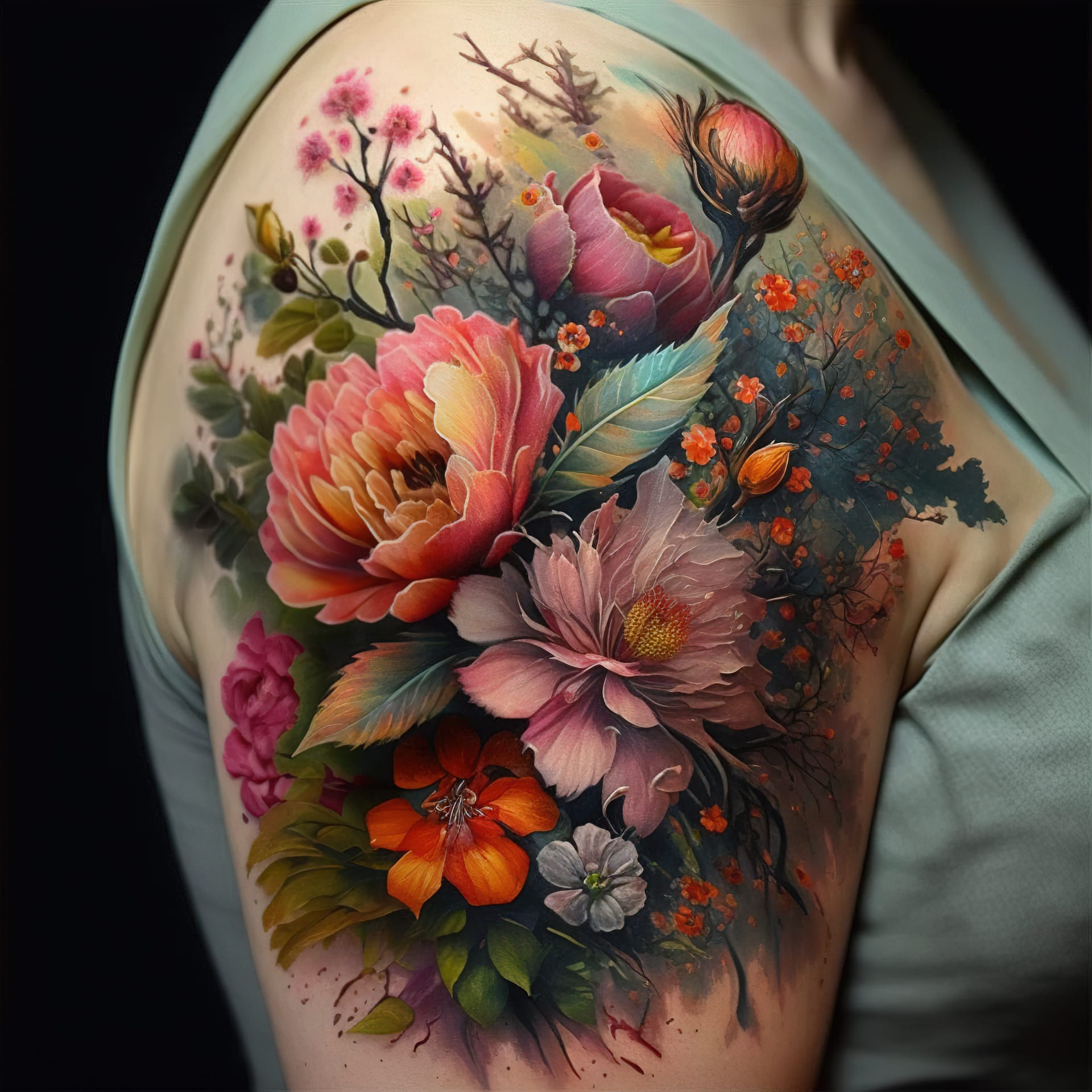 Floral tattoo design showcasing Midjourney prompt engineering techniques, artistic influences, and version 4 capabilities.
