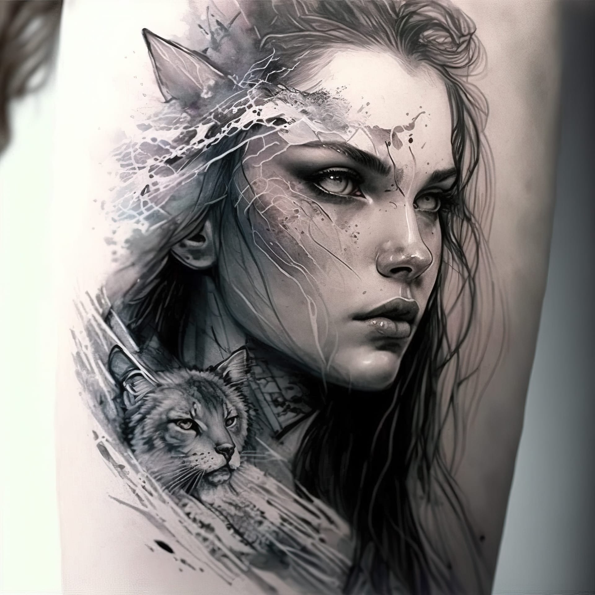 Tattoo design featuring woman with cat, showcasing Midjourney prompt techniques and artistic influences, version 4 capabilities.