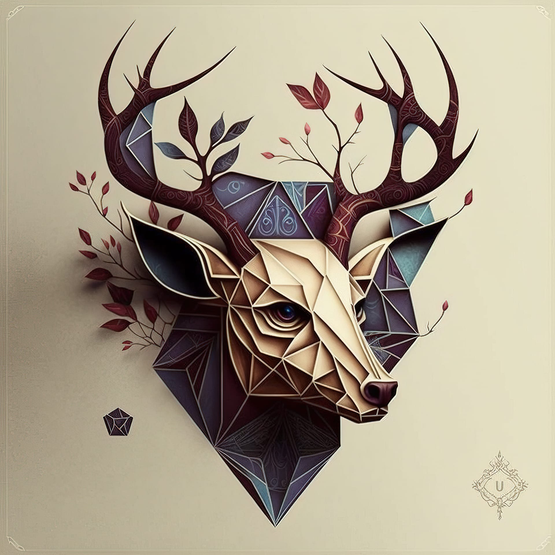 Geometric deer head illustration, Midjourney prompt, tattoo design techniques, version 4 capabilities, artistic influences, image prompts.