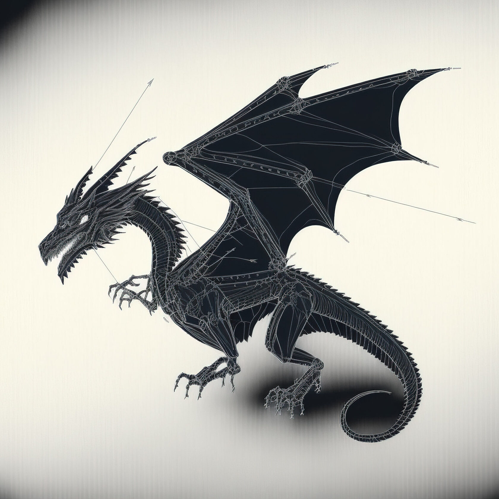 minimalist dragon blueprint white ink tattoo design using Midjourney prompt techniques, version 4