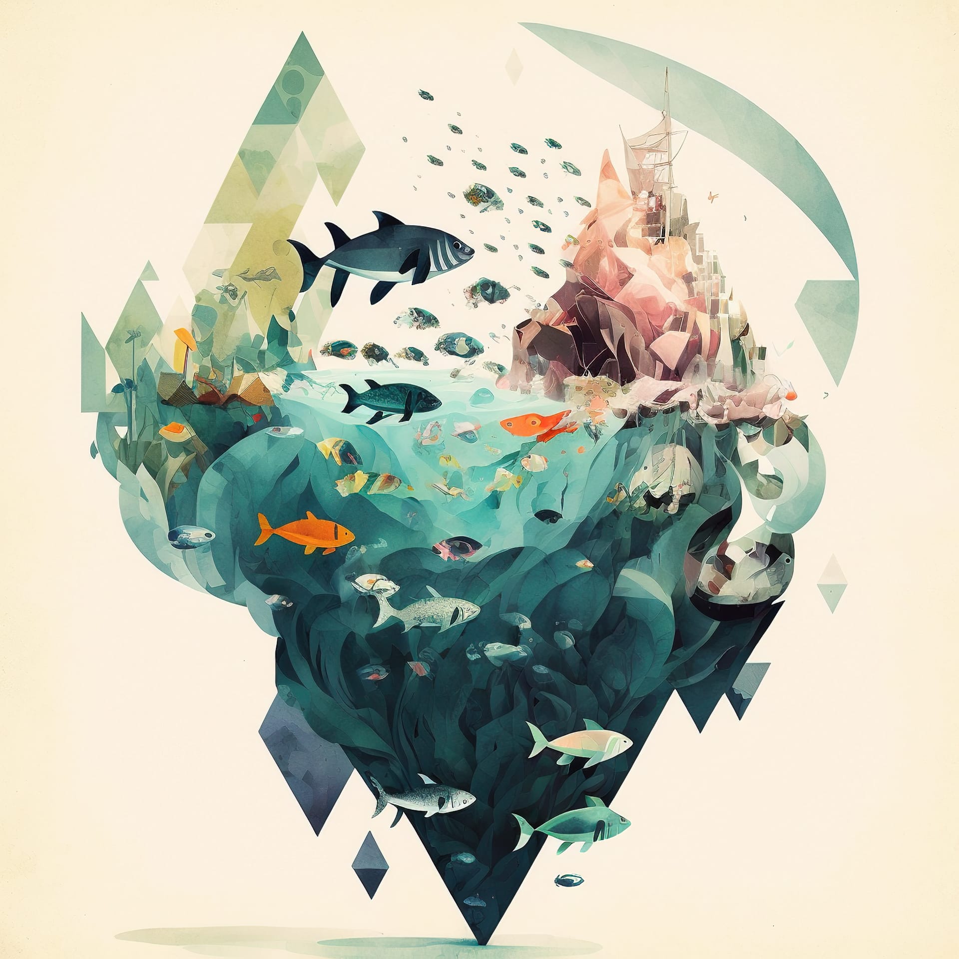 Ocean-themed diamond-shaped composition, fish illustration, Midjourney prompt techniques, version 4 capabilities, artistic influences.