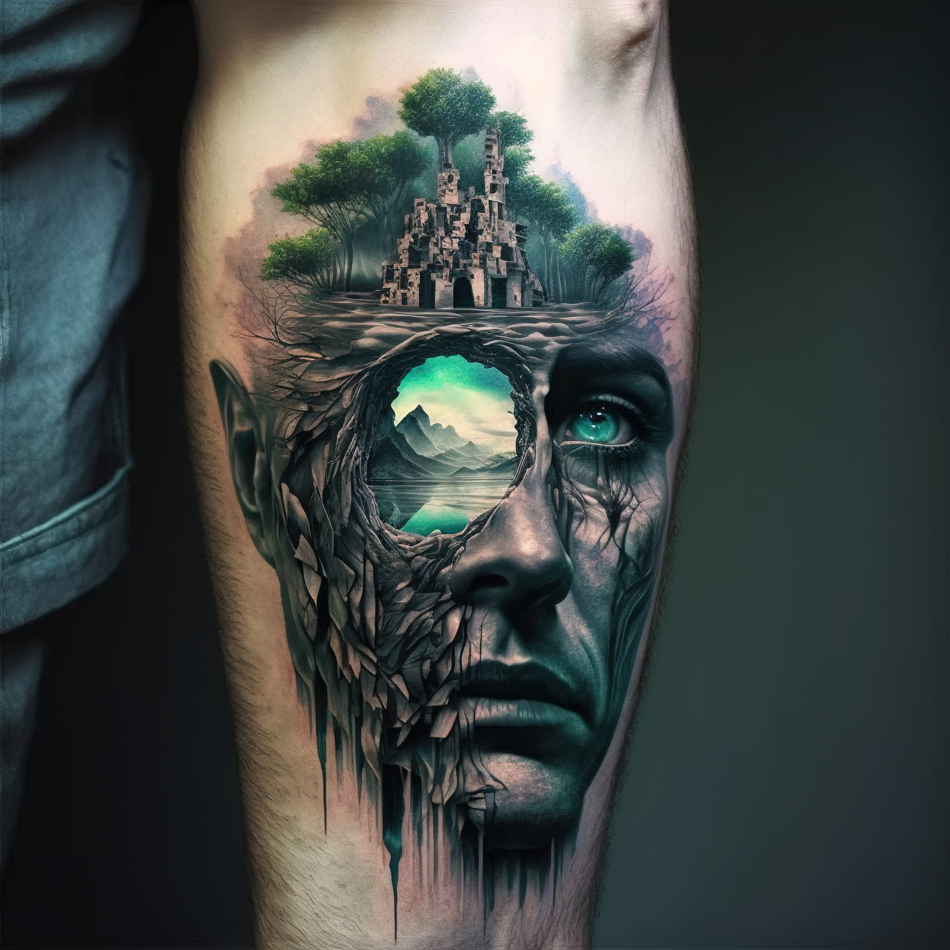Surreal tattoo design featuring Midjourney prompt techniques, artistic influences, and intricate details in version 4.