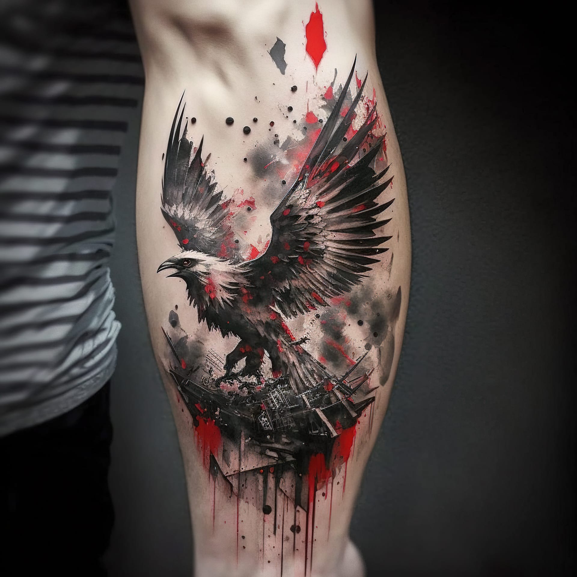 Trash Polka tattoo featuring eagle design, Midjourney prompt engineering, artistic influences, version 4 techniques.