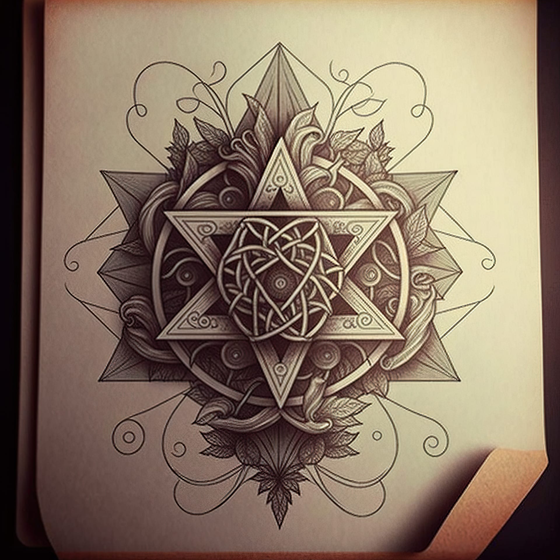 Geometric tattoo design featuring intricate patterns and shapes, utilizing Midjourney prompt techniques for artistic influences and version 4 capabilities.