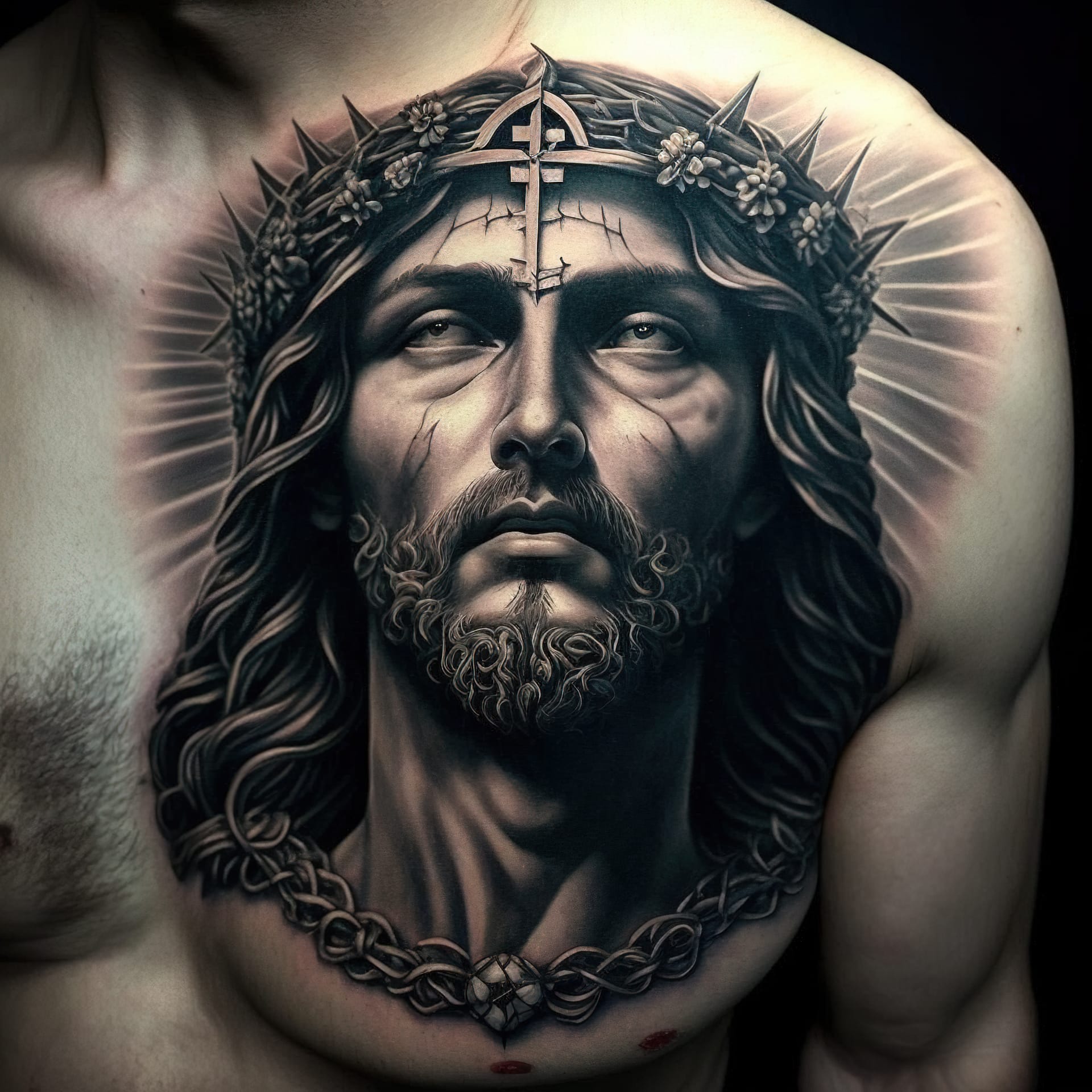 Tattoo design of Jesus with crown, inspired by Midjourney prompt techniques, showcasing artistic influences and detailed shading.