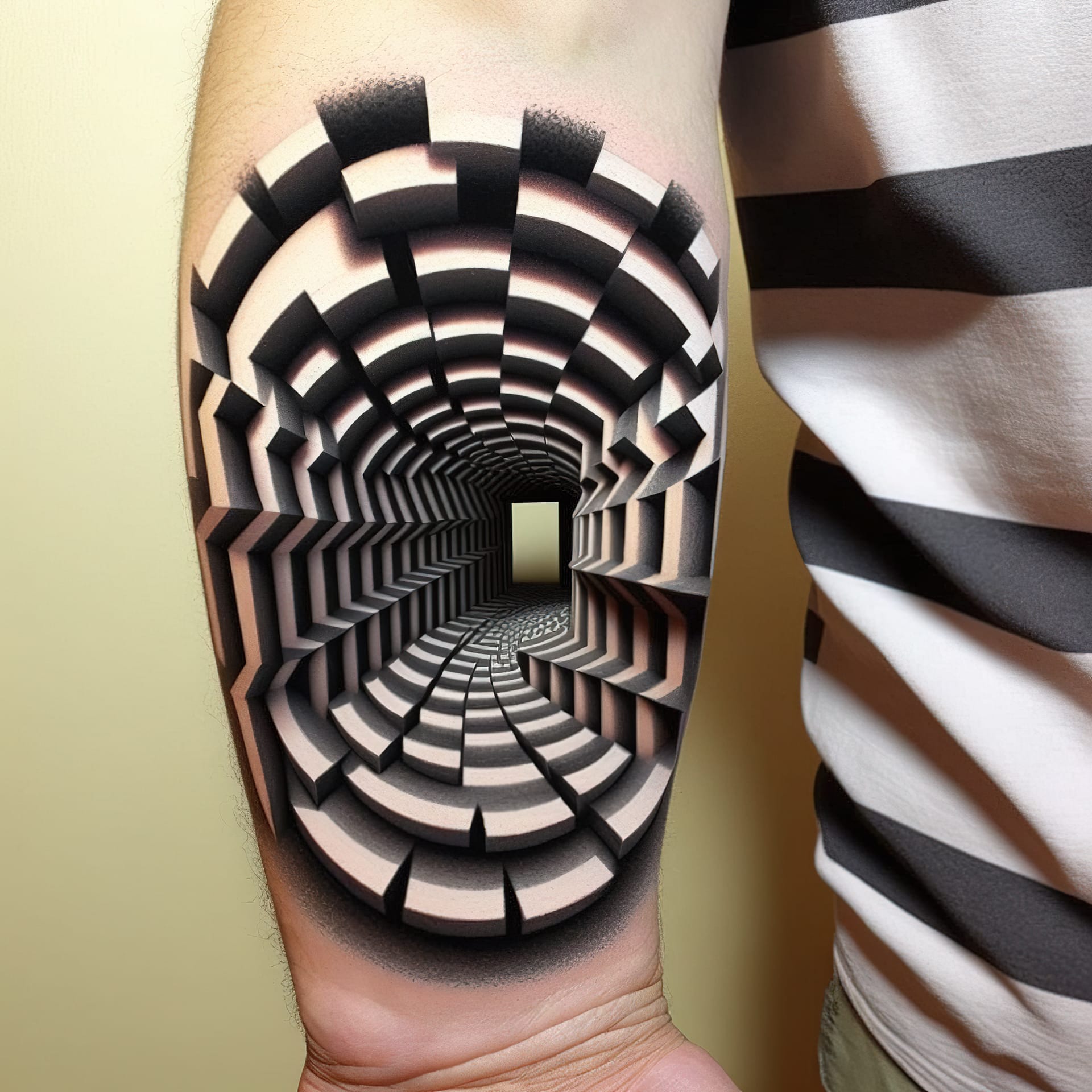 Optical illusion tattoo design showcasing depth and dimension using Midjourney prompt techniques and artistic influences.