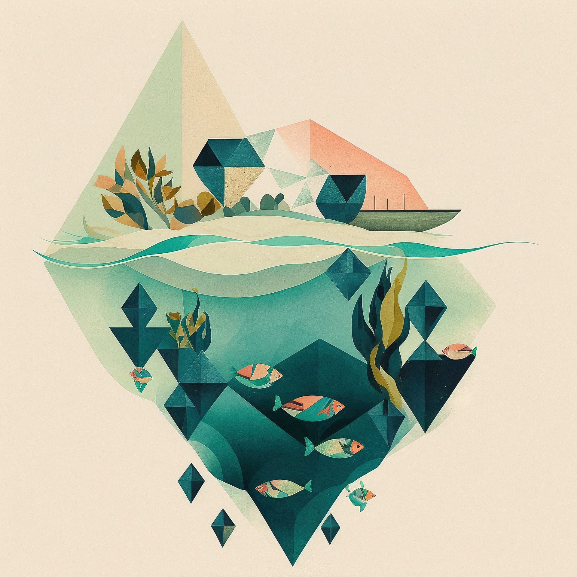 ocean-themed diamond-shaped tattoo design by Midjourney, geometric style, prompt engineering, version 4, artistic influences