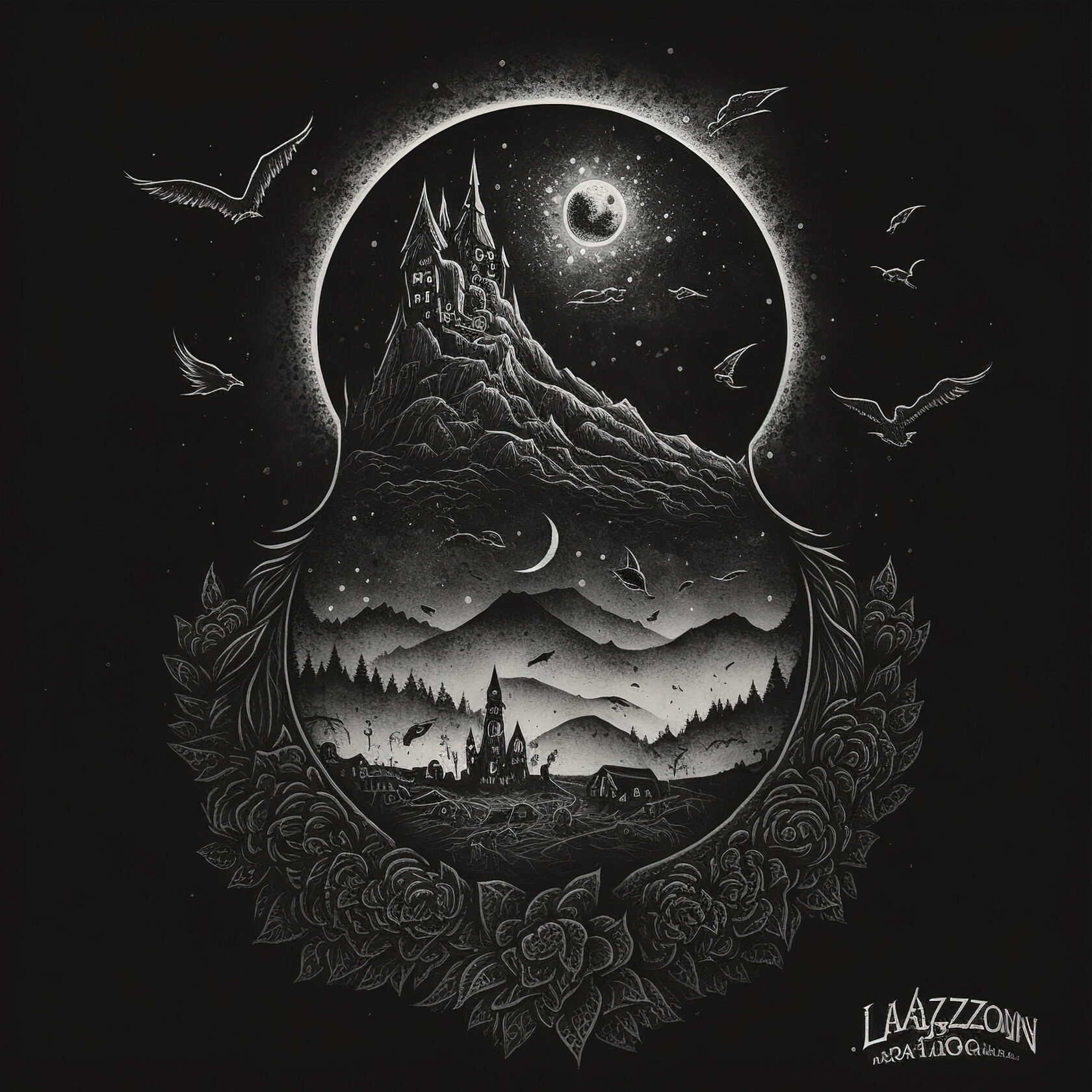 Dotwork style tattoo design featuring Nazgul over town, inspired by Midjourney prompt techniques, version 4 capabilities.