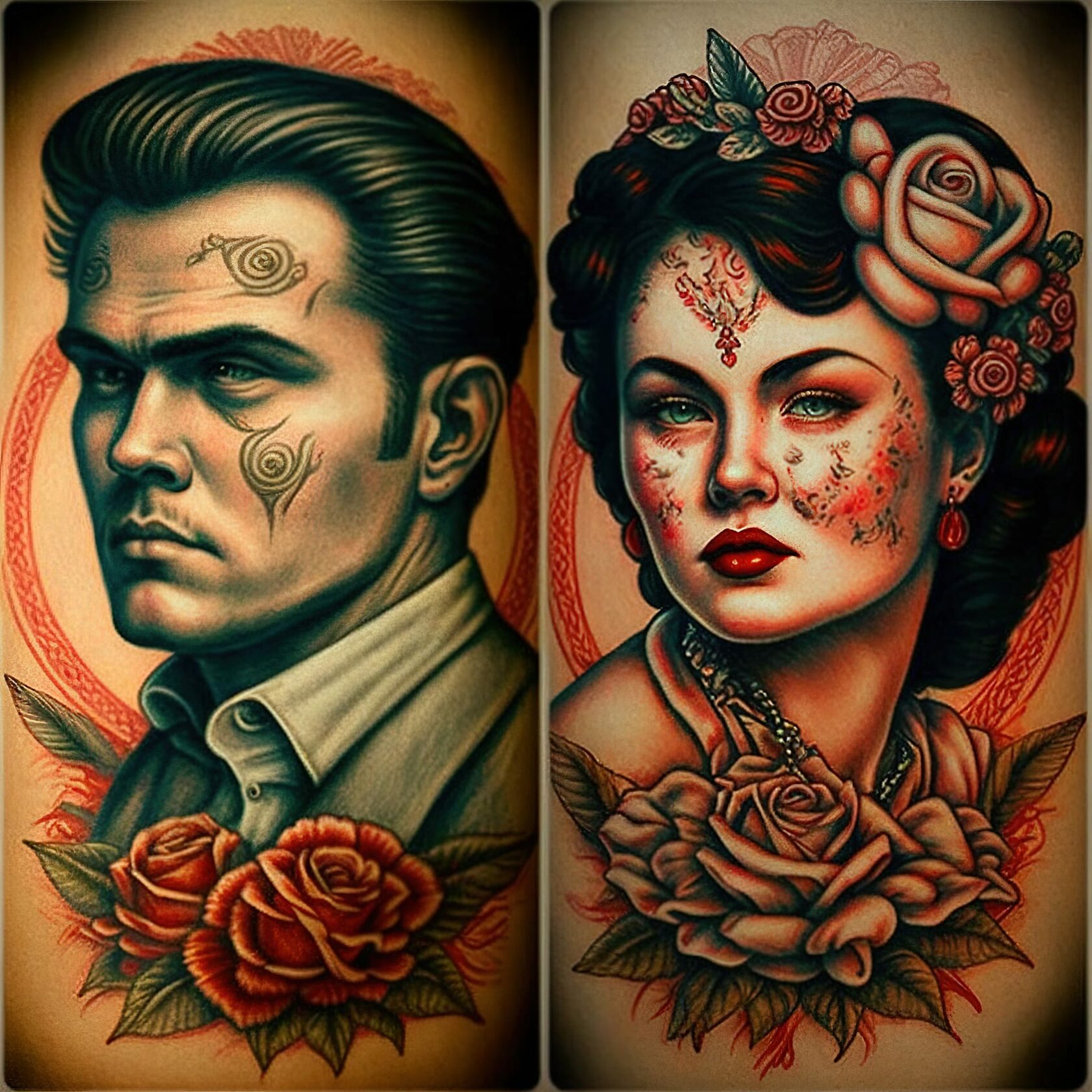 Old School tattoo design featuring male and female portraits, roses, Midjourney prompt engineering, artistic influences, version 4 techniques.