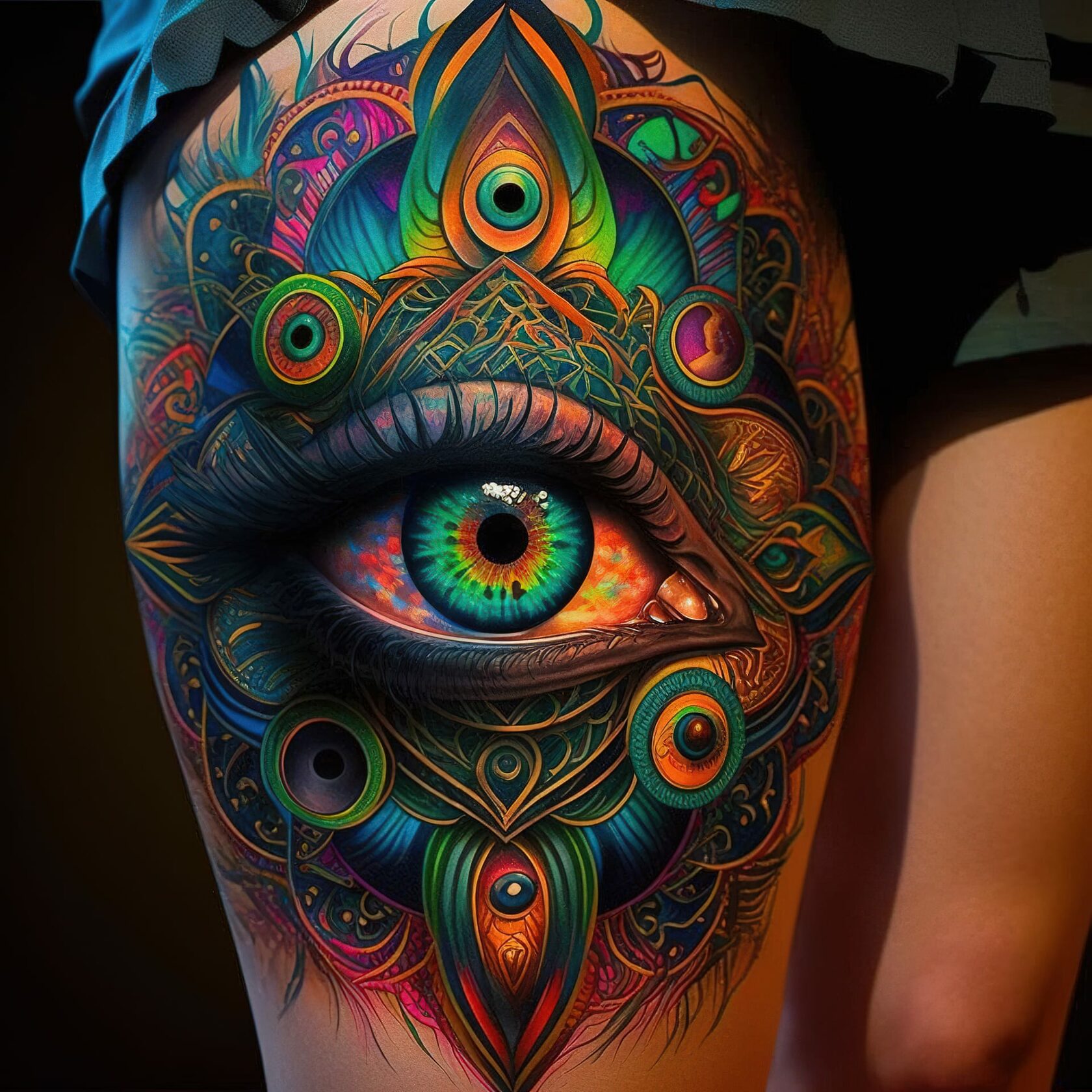 Psychedelic tattoo design featuring intricate eye patterns, showcasing Midjourney prompt engineering techniques and artistic influences.