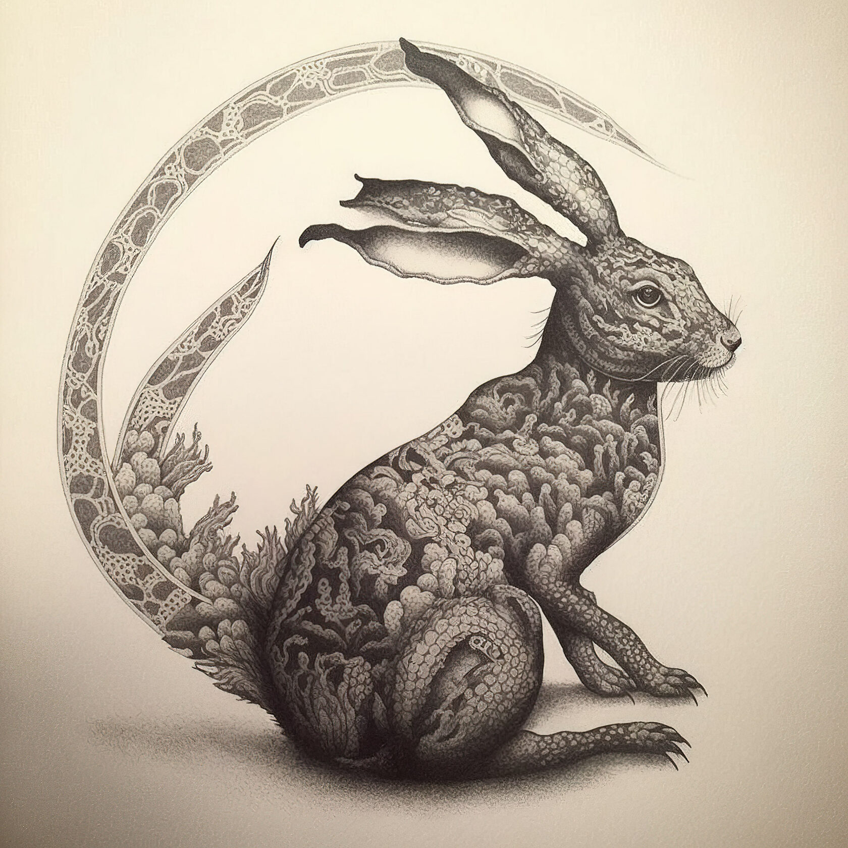 dotwork tattoo coiled dragon hare by Tsutomu Nihei, Midjourney prompt engineering, tattoo design techniques, version 4 capabilities