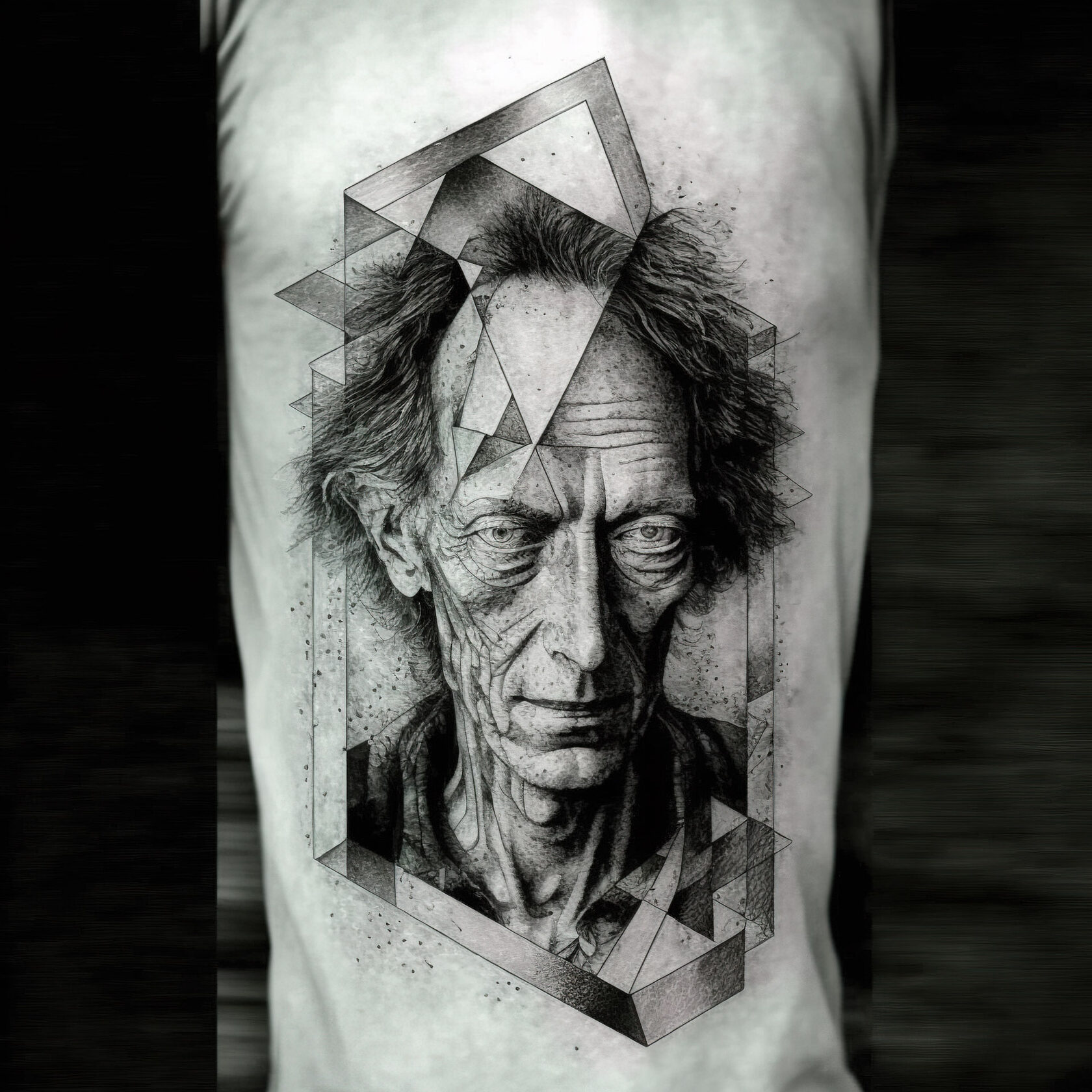 Geometric style tattoo design featuring detailed portrait -- Midjourney prompt techniques, version 4 capabilities, artistic influences.