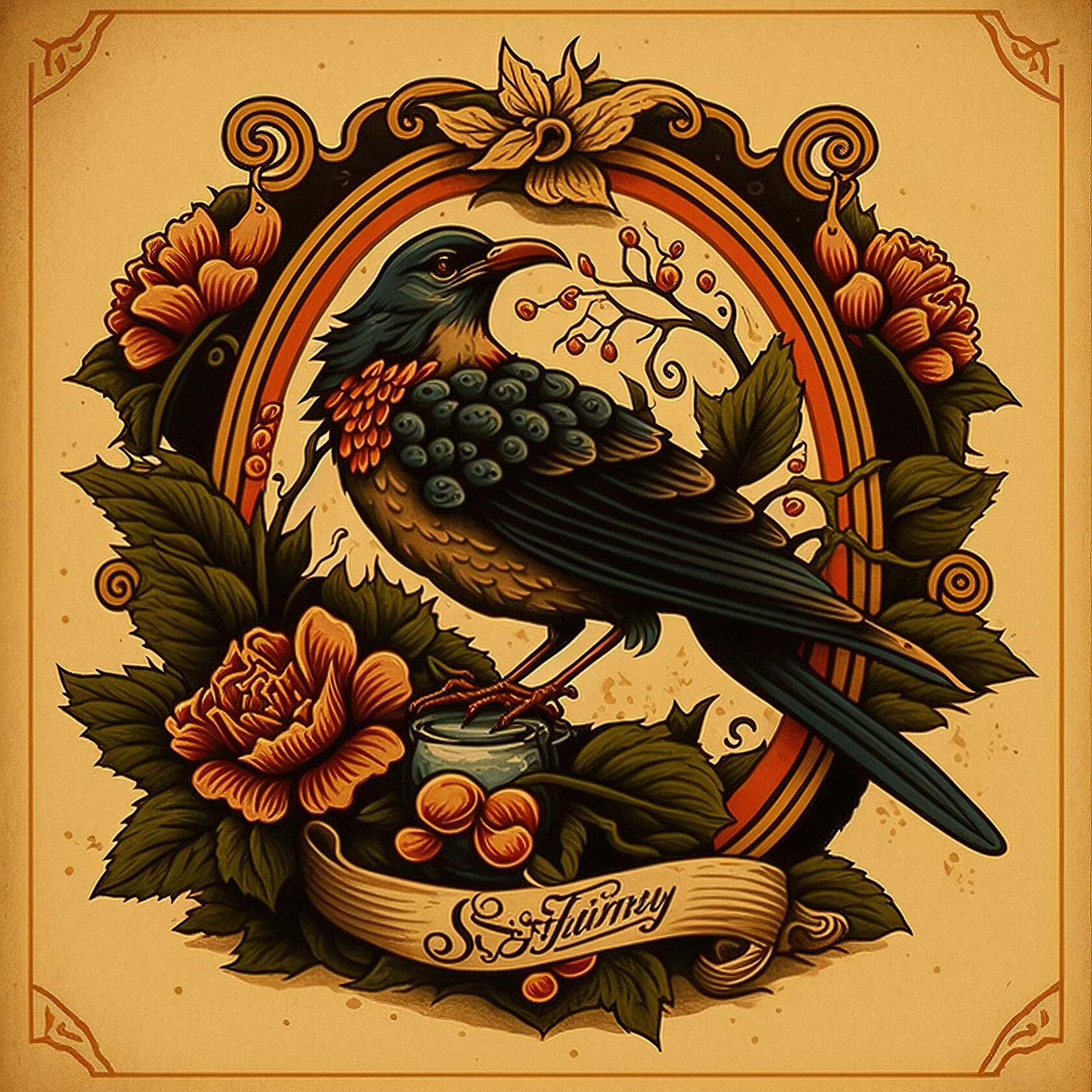 Tattoo design featuring bird and flowers, by Sailor Jerry, showcasing Midjourney prompt techniques and artistic influences --v 4.