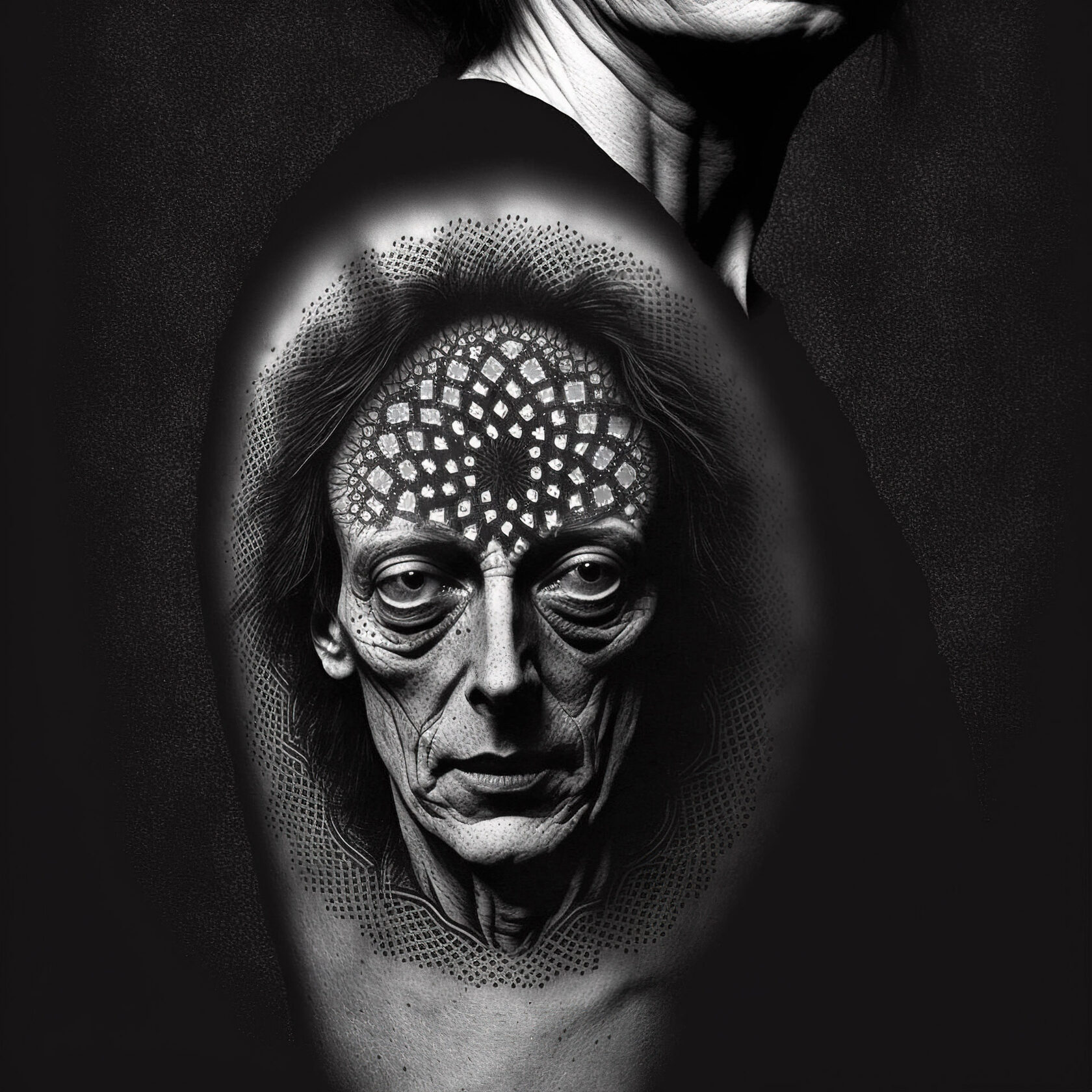 Dotwork tattoo design featuring intricate patterns and facial features, utilizing Midjourney prompt techniques --v 4.