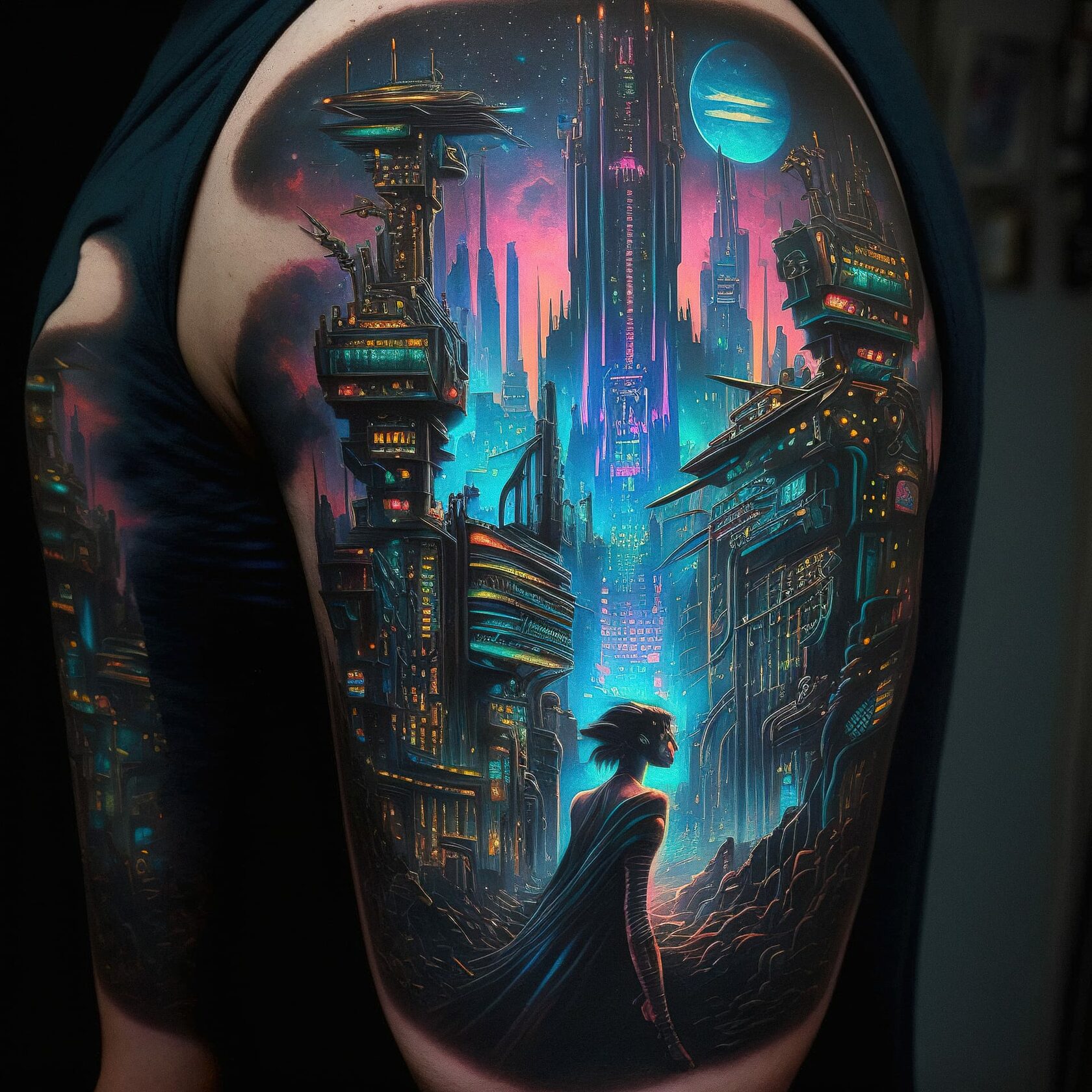 Cyberpunk city tattoo design using Midjourney prompt techniques, featuring old school style and version 4 capabilities.