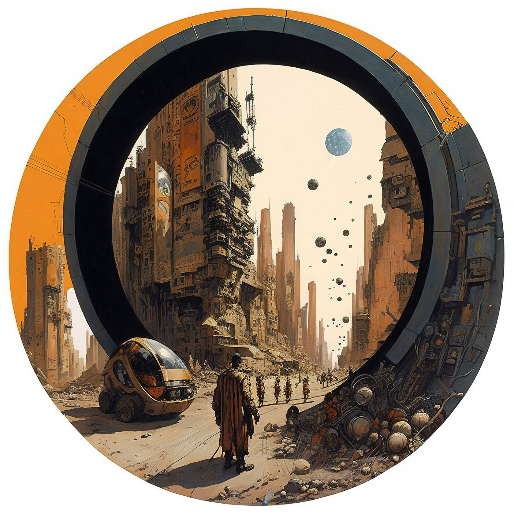 Circular illustration of cyberpunk city, Midjourney prompt engineering, artistic influences, version 4 capabilities.