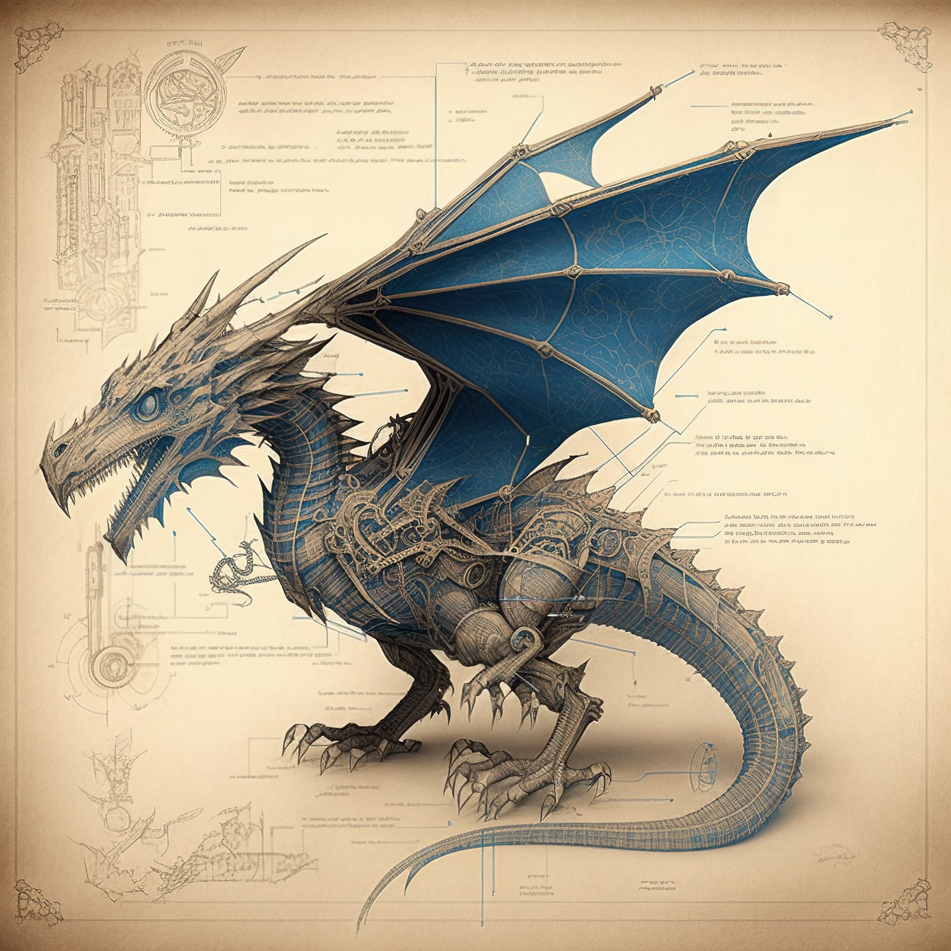 Mechanical dragon blueprint showcasing Midjourney prompt engineering, version 4 capabilities, and artistic influences in tattoo design.