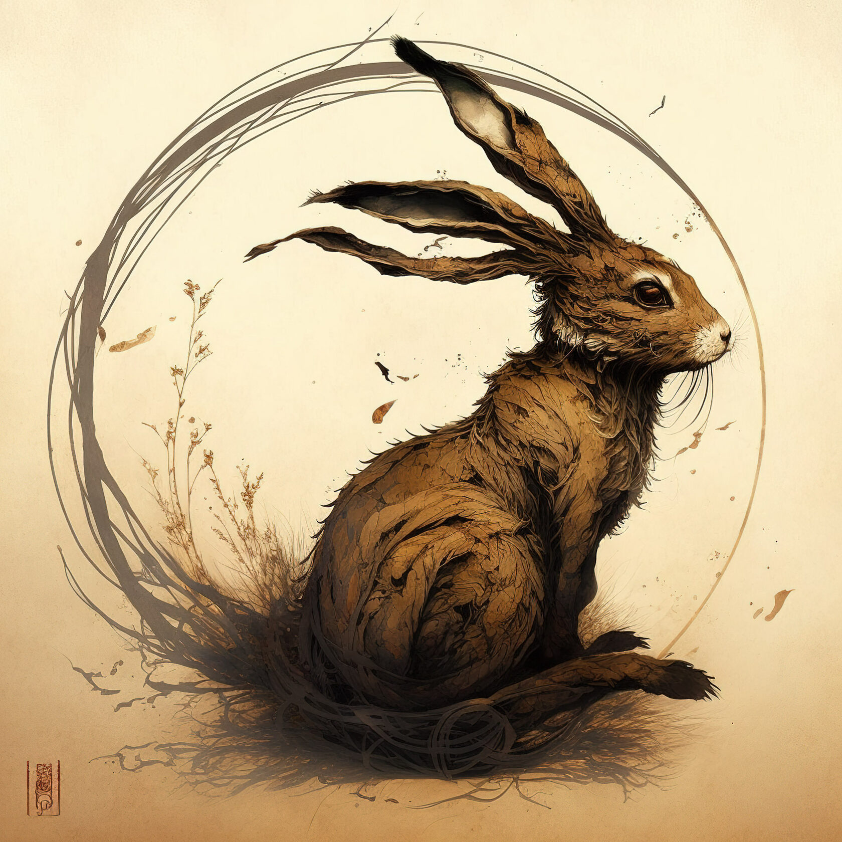 Coiled dragon hare by Tsutomu Nihei, Midjourney prompt engineering, tattoo design techniques, version 4 capabilities.