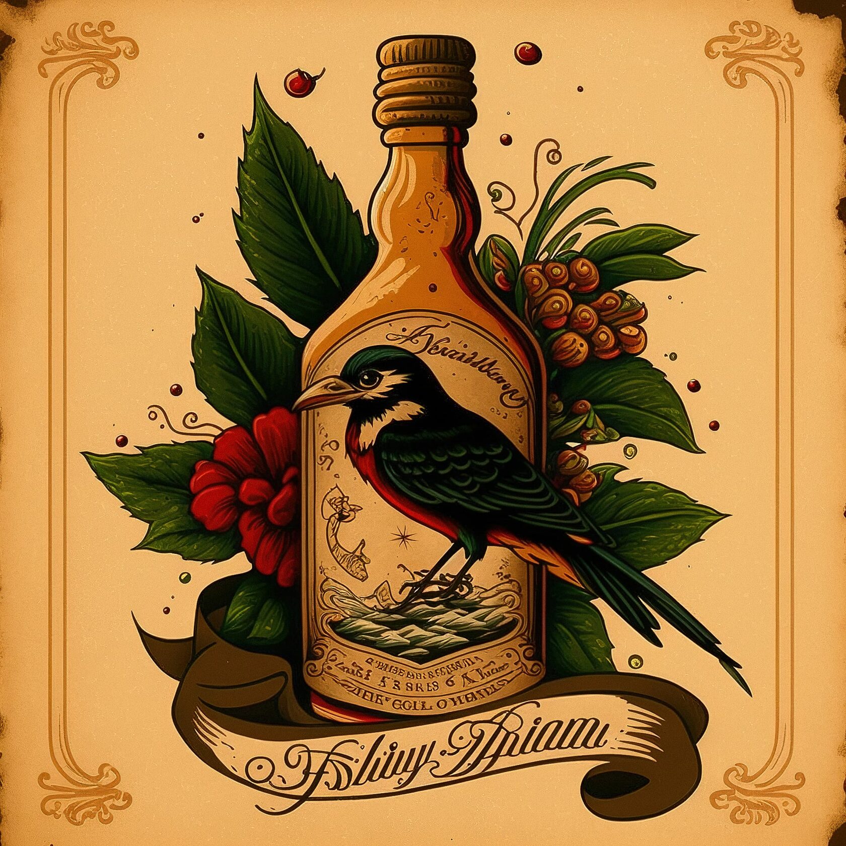 Tattoo design featuring bird and bottle, inspired by Sailor Jerry, Midjourney prompt techniques, version 4 capabilities.
