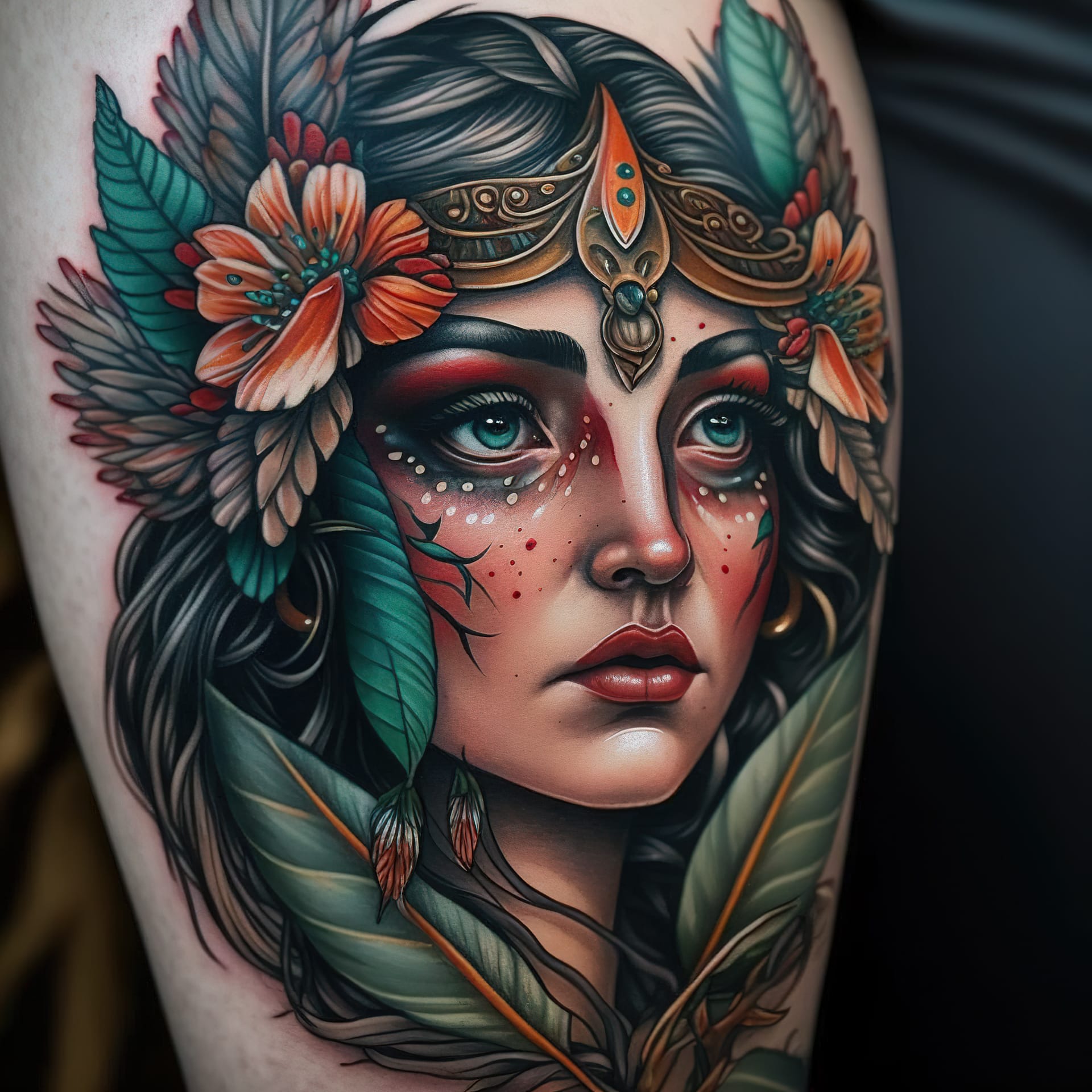 Neo Traditional tattoo design showcasing Midjourney prompt engineering, floral elements, artistic influences, and detailed character features.